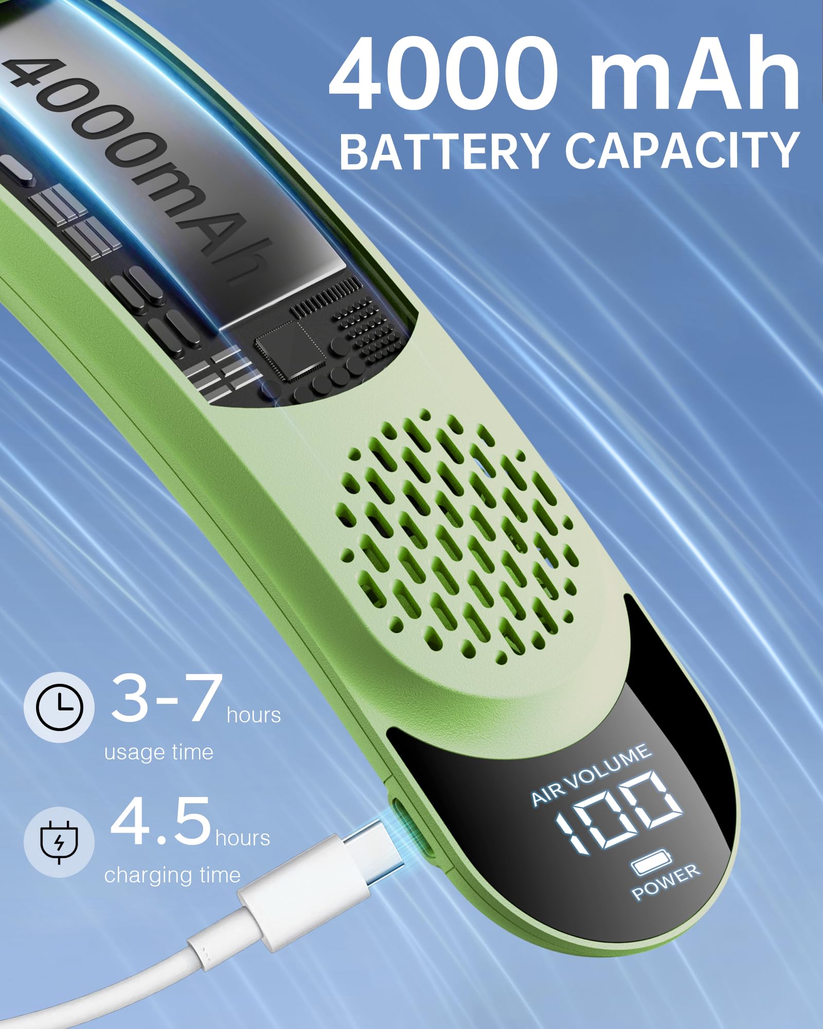 Portable bladeless neck fan with 4 turbo speeds, 4000mAh rechargeable battery, perfect for personal cooling