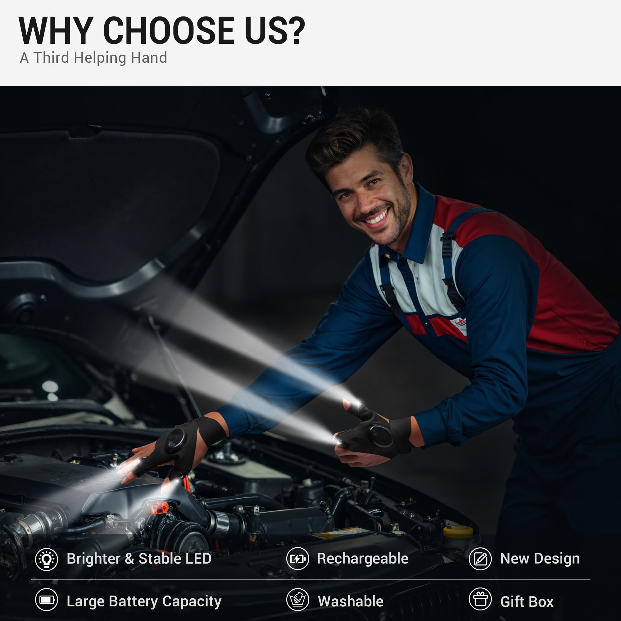 Thxtoms Rechargeable Flashlight Gloves For Men, Father'S Day For Dad, Cool Gadgets For Repairing Fishing Camping