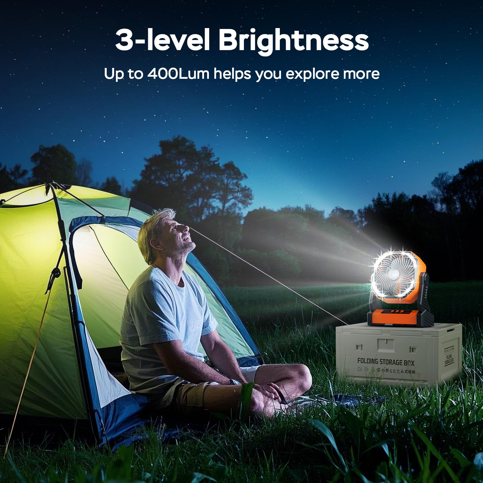20000mAh rechargeable camping fan, battery-operated with 4 speeds and LED light, perfect for outdoor adventures