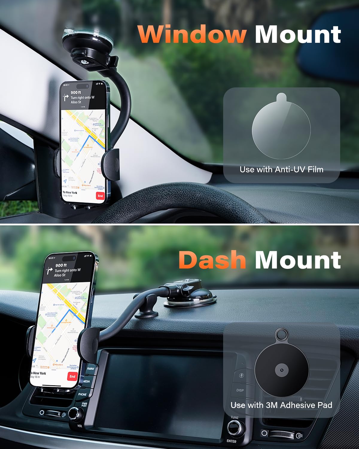 Apps2Car Cell Phone Holder For Car Dashboard Windshield Phone Mount For Car Long Arm Car Phone Holder Mount Strong Suction Cup Anti-Shake Stabilizer Compatible For Iphone, Samsung, All Smartphones