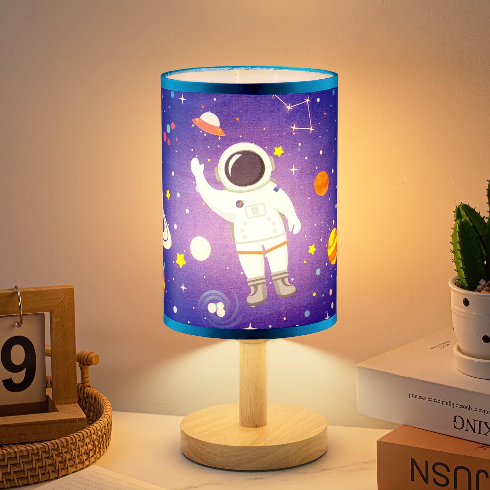 Tujoe Kids Table Lamp With Linen Lampshade Nightstand Animal Baby Desk Bedside For Reading Bedroom Living Room Home Office(Space Astronaut)