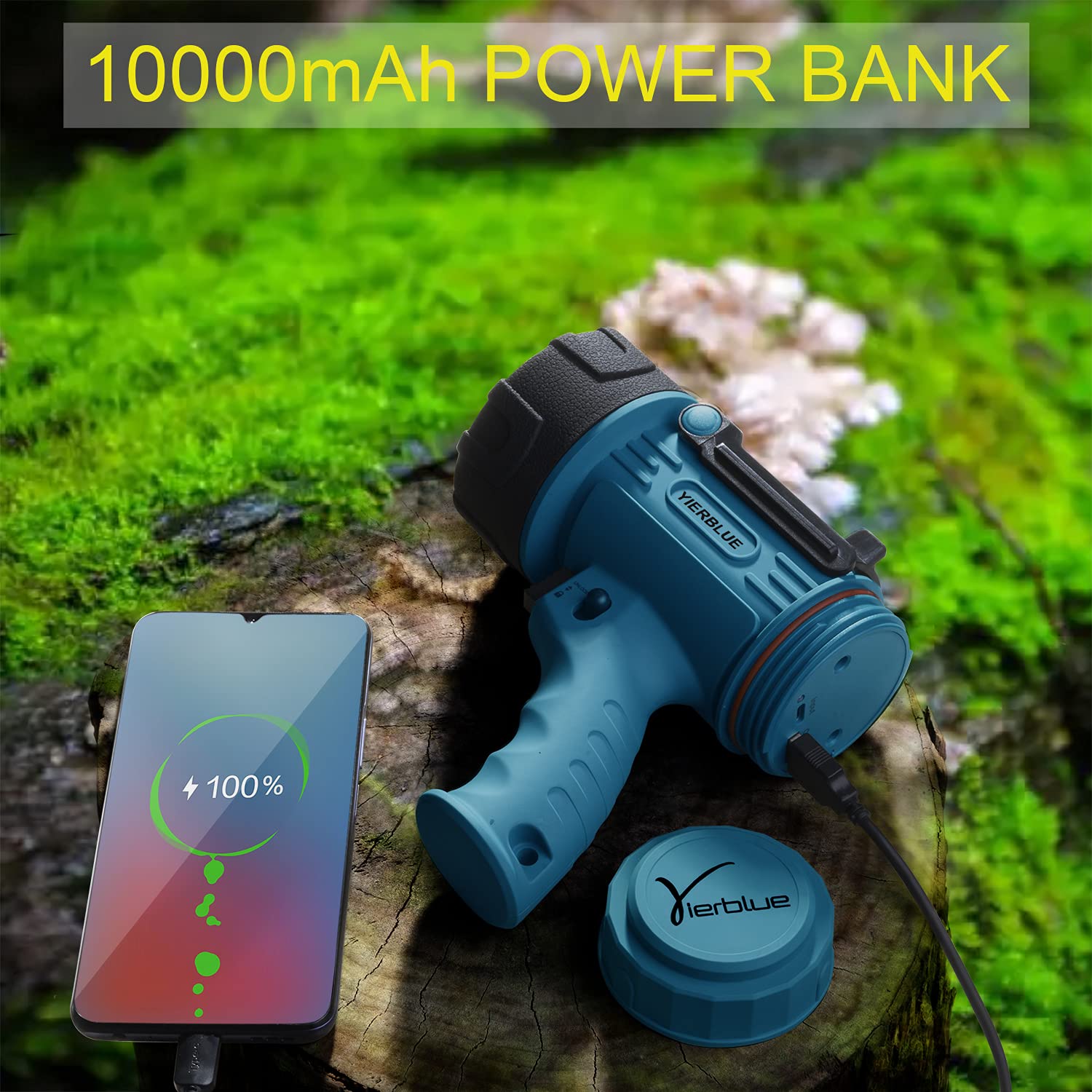 Yierblue Rechargeable Spotlight,18W Ipx7 Water-Resistant Flashlight, Super Bright 200000 Lumens Led,10000Mah 20H Ultra-Long Standby,Ideal Spotlight For Boating, Camping, Hiking, Hurricane Survival(Blue)…