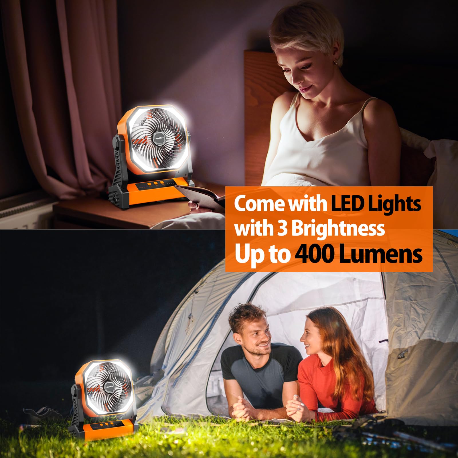 Rechargeable fan with light and 270° pivot for perfect cooling in outdoor settings