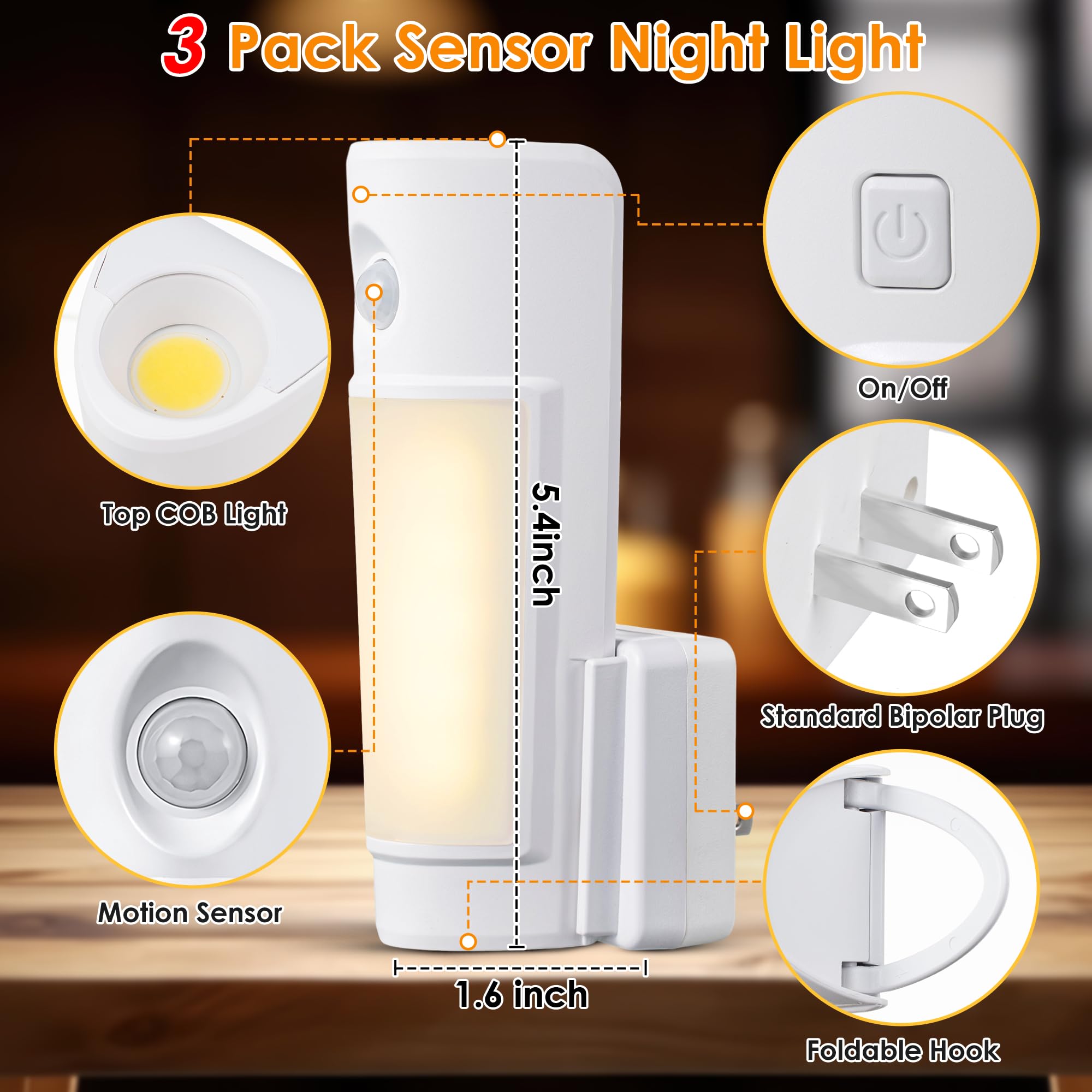 Enhon 4 In 1 Led Rechargeable Plug In Flashlights, 3 Pack Led Emergency Lights For Home, Power Failure Night Light With Motion Sensor, Portable Power Outage Light For Home Bedroom(3 Pack)