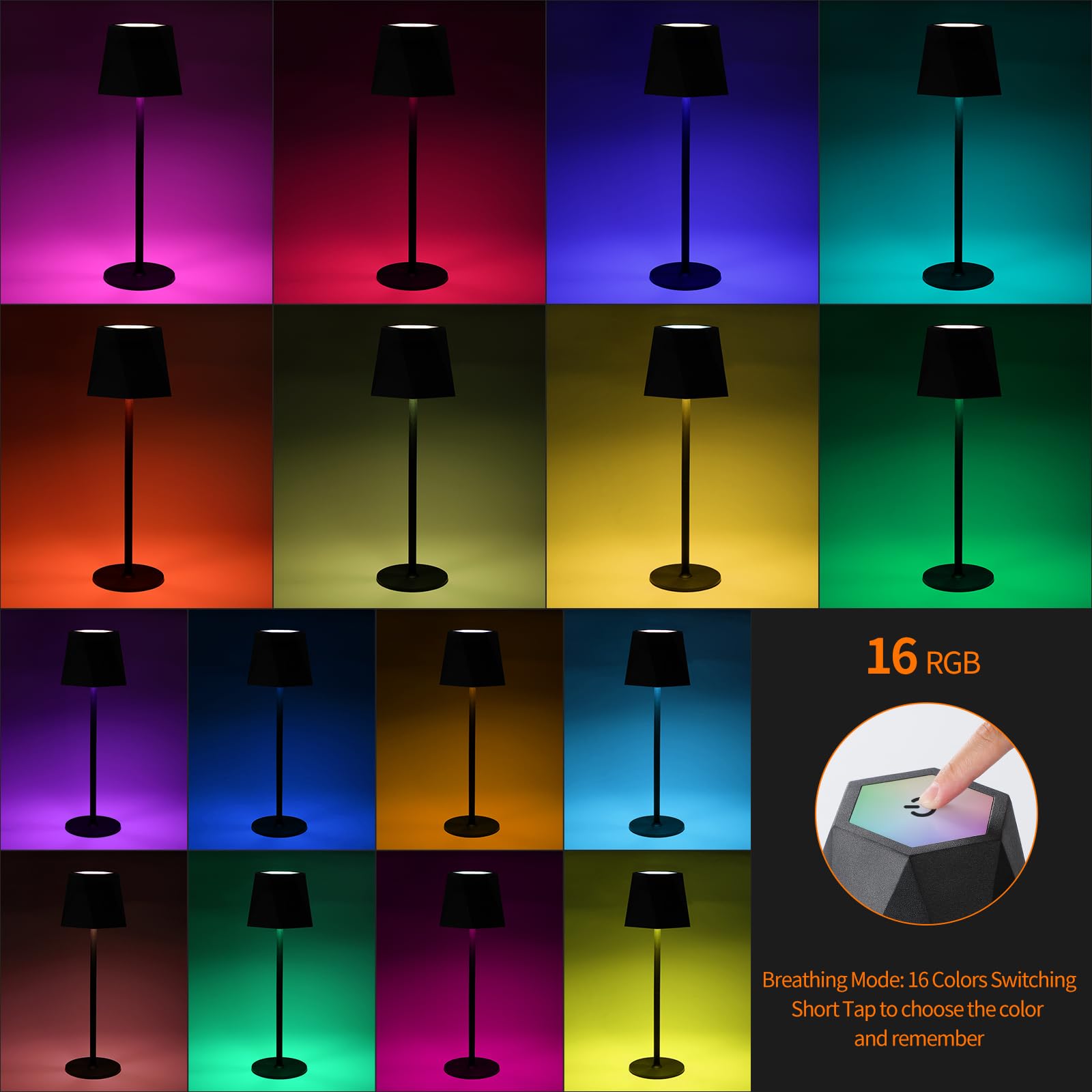 Ystarlamp Led Rechargeable Cordless Table Lamp Dimmable 3000K, 4500K, 6500K +16Rgb, Ip54 Wireless Table Light For Indoor And Outdoor, Aluminum Portable Lamp For Family, Restaurant & Bar (Black)