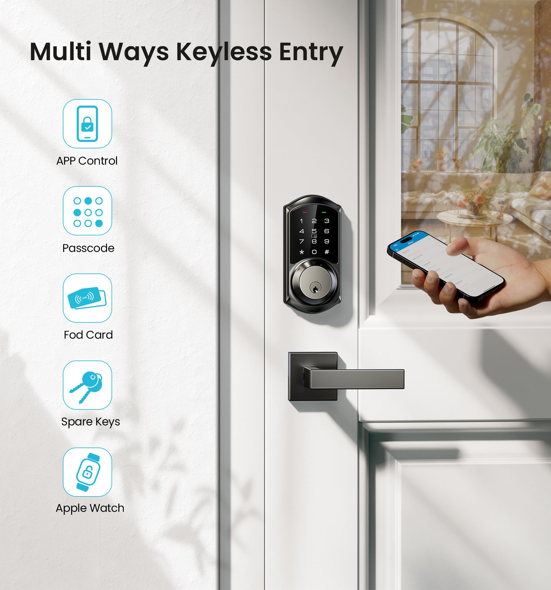 Veise Ve06-L Smart Locks With 2 Lever Handle Set, App Control, Keyless Entry Deadbolt For Front Door, Electronic Digital Touchscreen Keypad, Auto Lock, Waterproof, Easy Installation, Matte Black