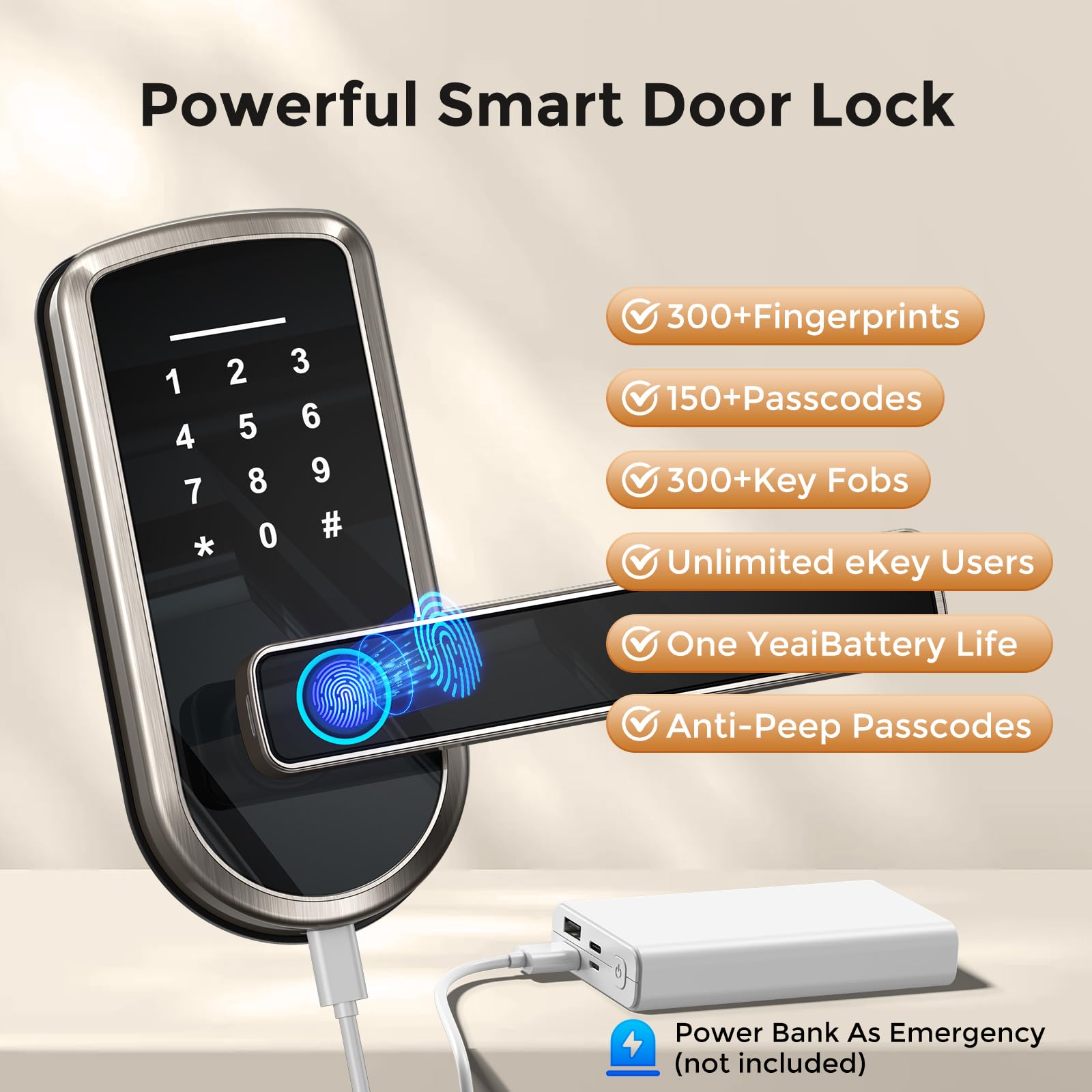 Outne Keyless-Entry Fingerprint Smart Door Lock, Smart Locks For Front Door With Code Passcode App Control All In One Zinc Alloy Electronic Digital Door Lock With Keypad, Easy Installation