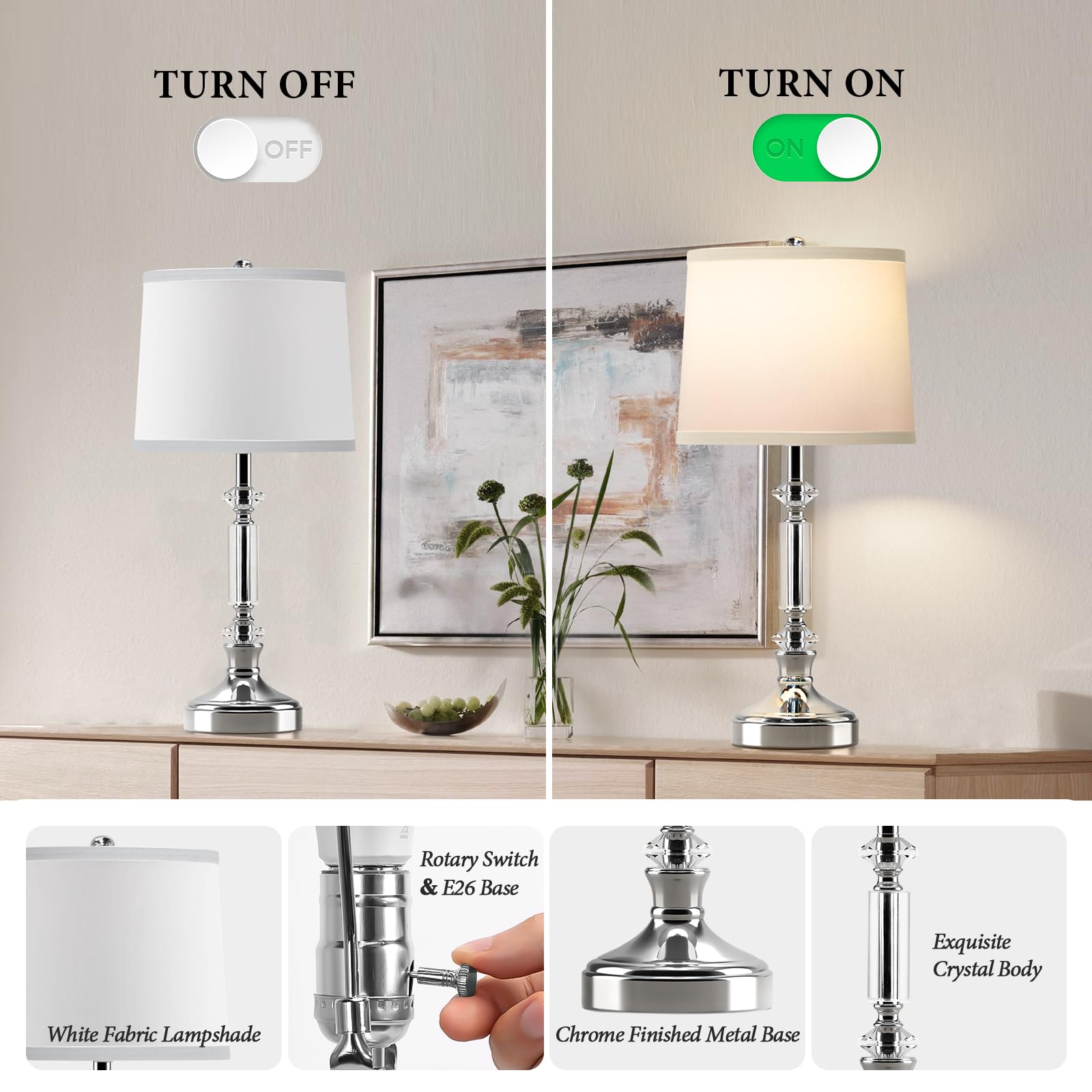 Spclsim Crystal Table Lamps For Bedroom Set Of 2, 23.4" Modern Buffet Living Room End Table Lamps With Glossy Silver Metal Base, White Shade Bedside Nightstand Lamps