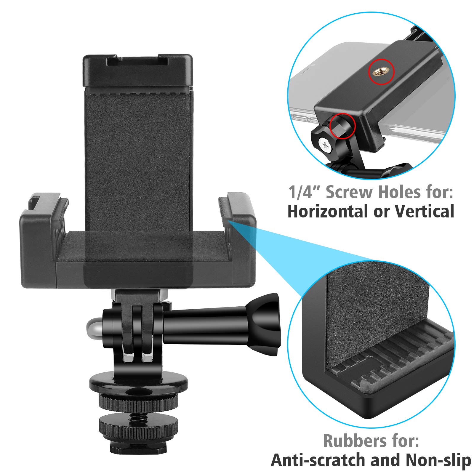 Anwenk Phone Holder Hot Shoe Mount Adapter With Cold Shoe Mount For Microphone/Flash Light Compatible With Gopro Hero Dji Osmo Action Camera Smartphone, Attach On Dslr Camera/Ring Light/Tripod