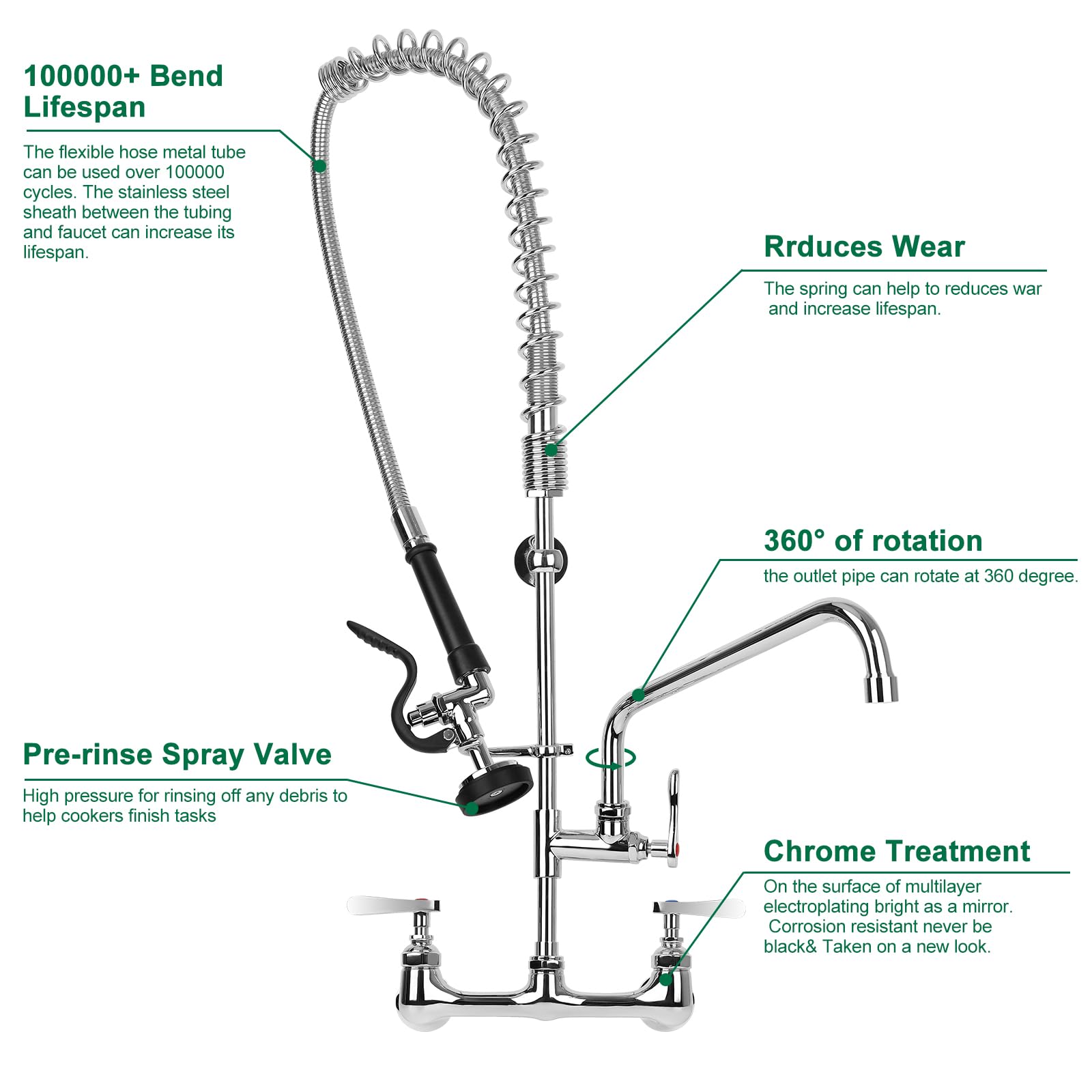 Kwode 36” Height Commercial Kitchen Faucet Wall Mount With Sprayer 8”Adjustable Center Restaurant Pre-Rinse Faucet With 12” Swing Spout And Pull Down Spray For 2/3 Compartment Sinks, Chrome Polished