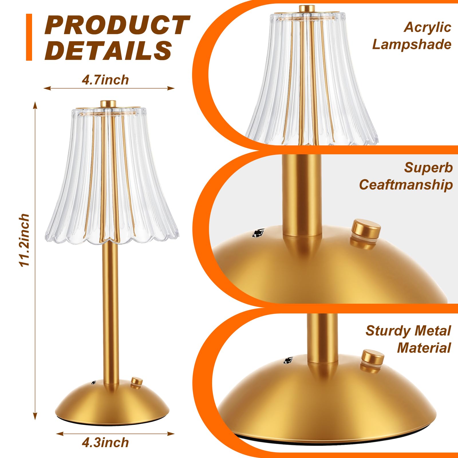 Liliful 2 Pcs Led Portable Cordless Gold Table Lamp Touch Battery Operated Rechargeable Desk Lamp 3 Color Dimmable For Bedroom Living Room Dining (Rose Style)