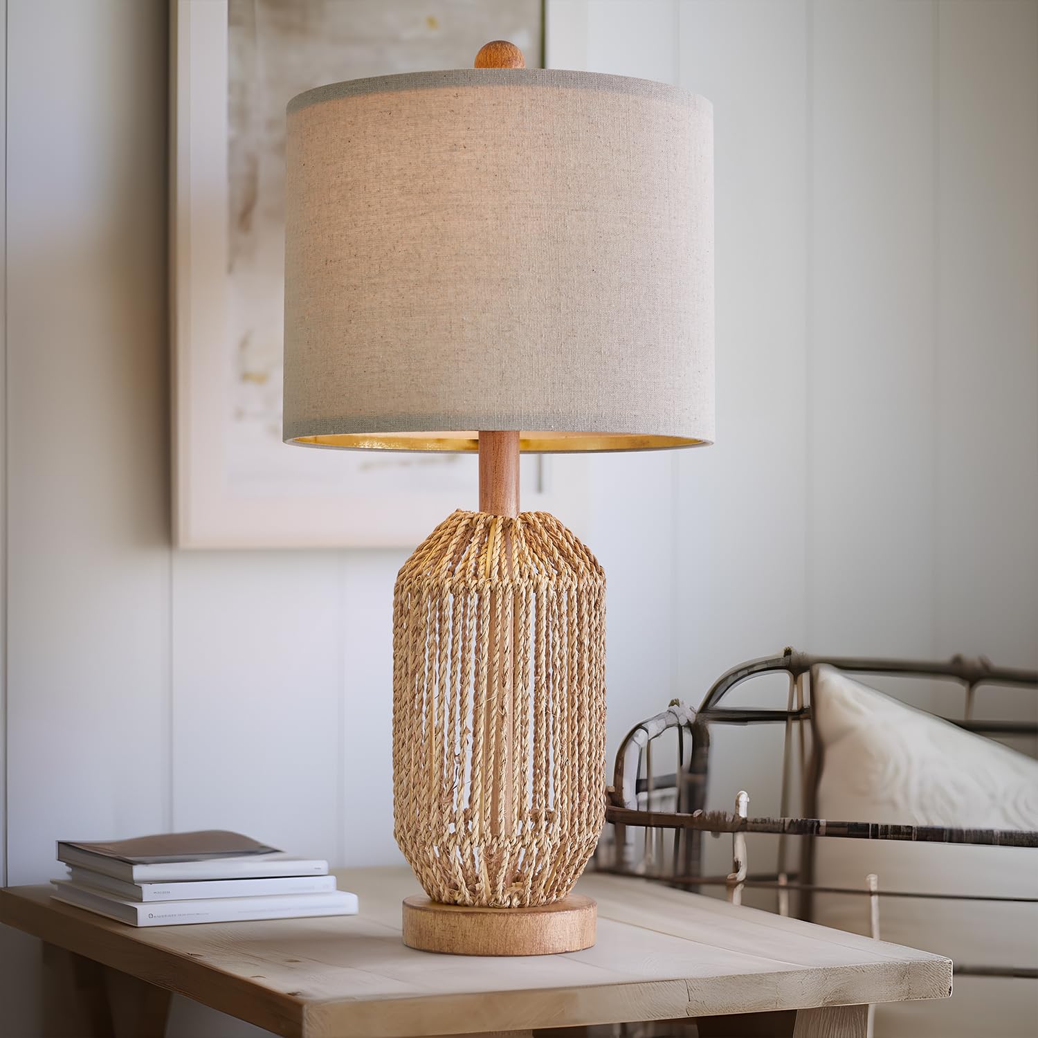 Oyears 21" Boho Table Lamp For Living Room, Bedside Lamp For Nightstands, Rattan Lamp For Bedroom, Farmhouse Table Lamp For Room Decor, End Table, Retro, Brown, 1 Pack