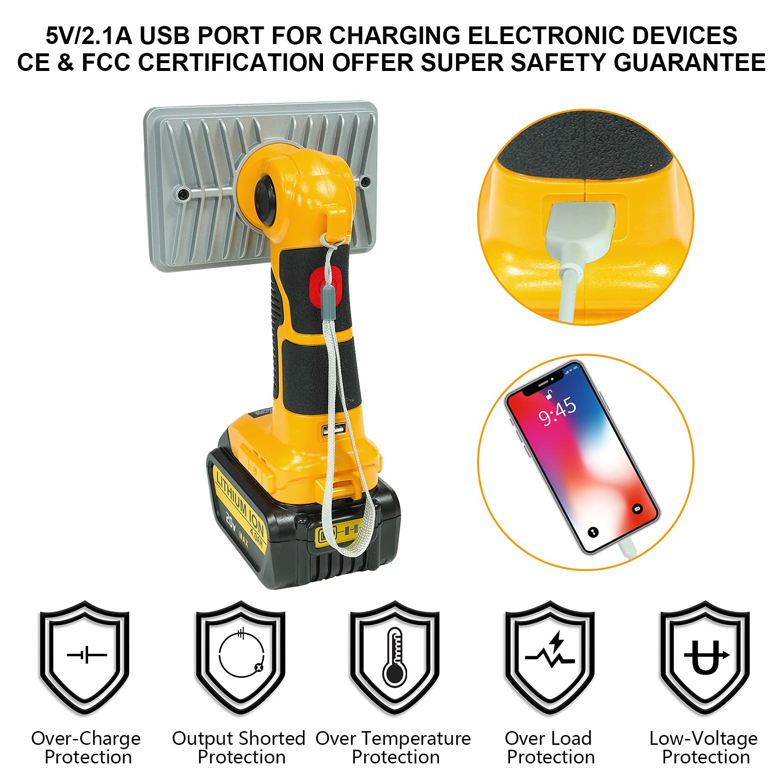 Hiesuan Flashlight For Dewalt 20V Battery, 20V Work Light, 18W 2000Lm Portable Floodlights And Spotlight With Usb Charging Port For Repairing, Garage, Camping, Jobsite
