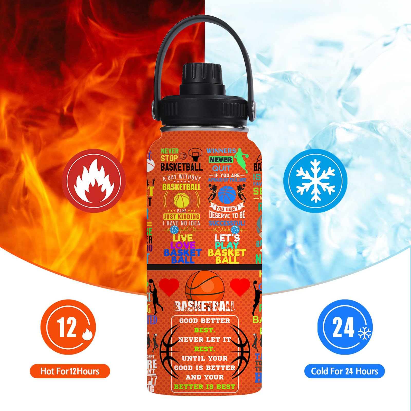 Basketball Water Bottle 32Oz Insulated Sports Water Bottles Basketball For Men Women