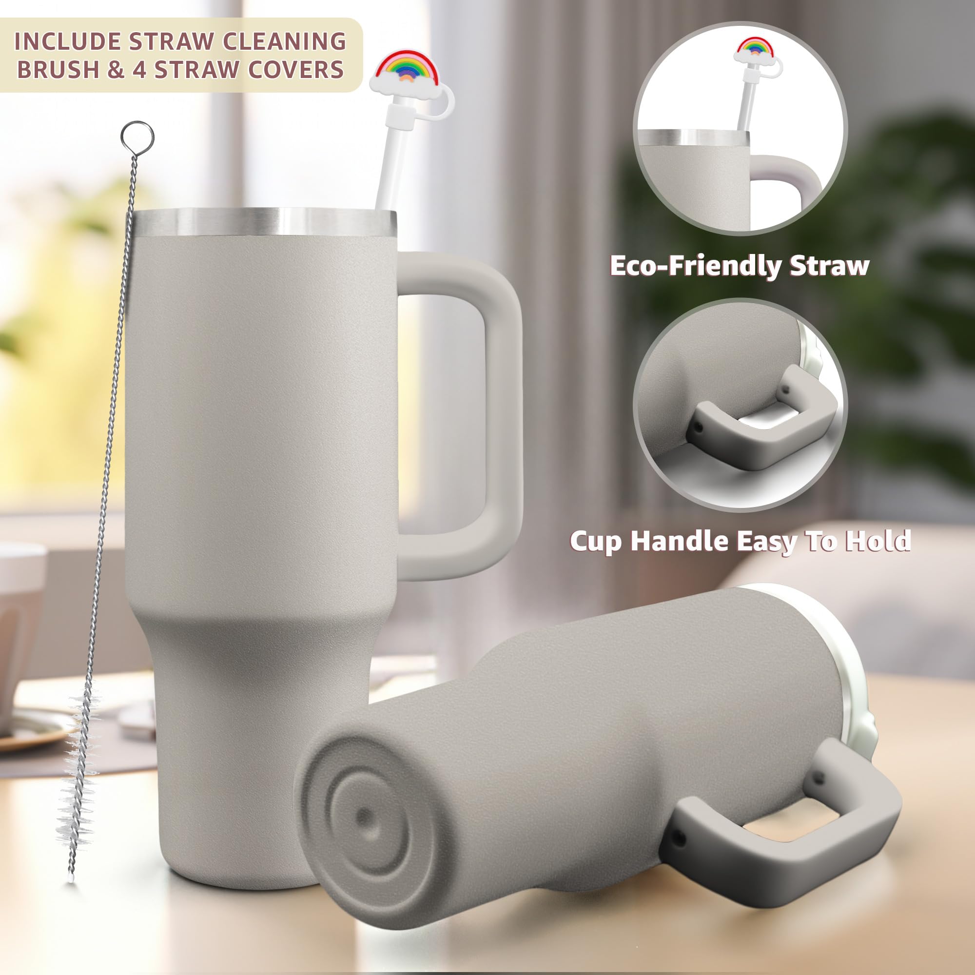 40 Oz Warm Gray Tumbler With Handle & Straw Covers Topper - Insulated Water Bottle
