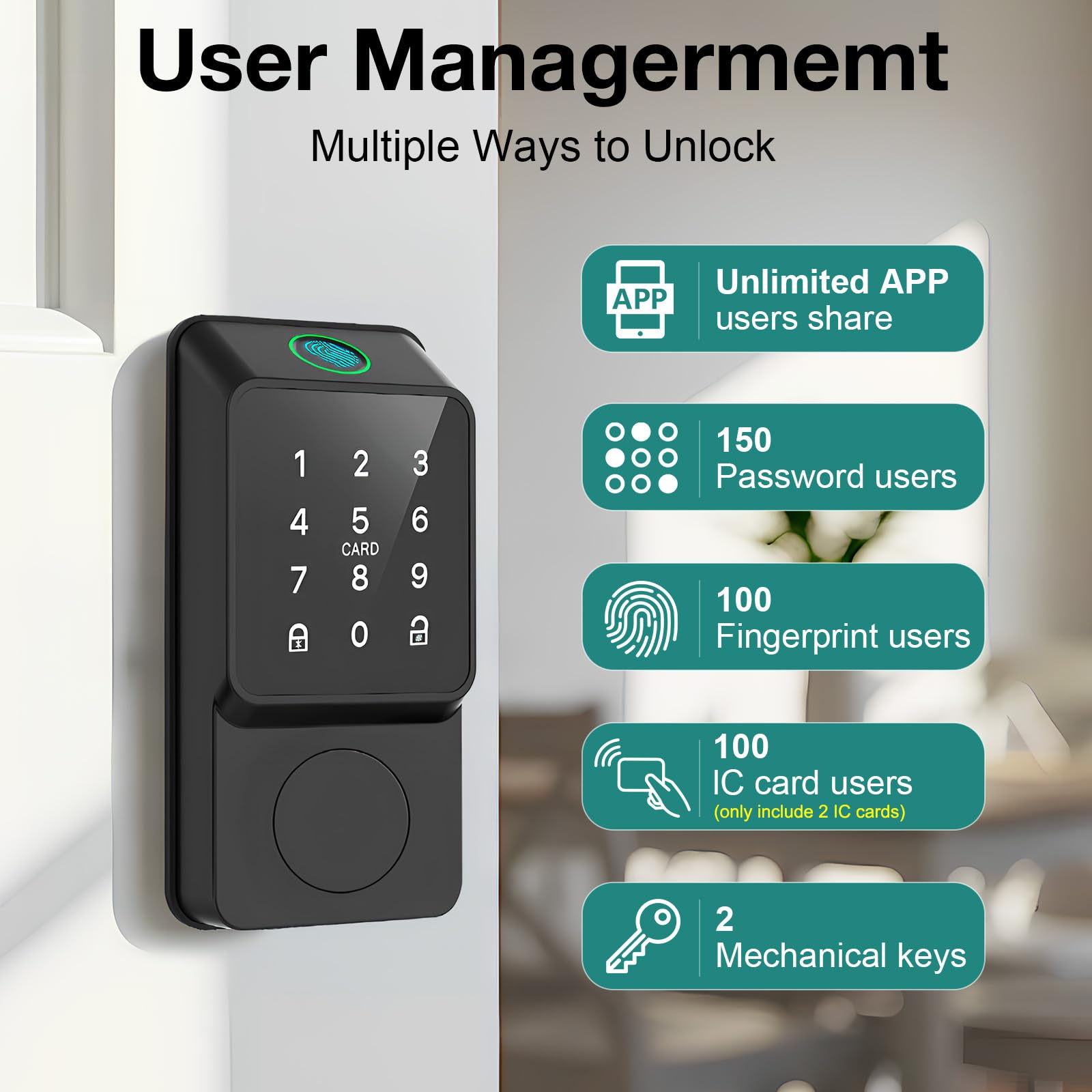 Mutak Smart Door Lock Keyless Entry With Ttlock App Fingerprint Touchscreen Keypad Ic Card Key Type-C Charging Unlocking 6 In 1 Electric Biometric Digital Deadbolt For Front Doors Home Apartment