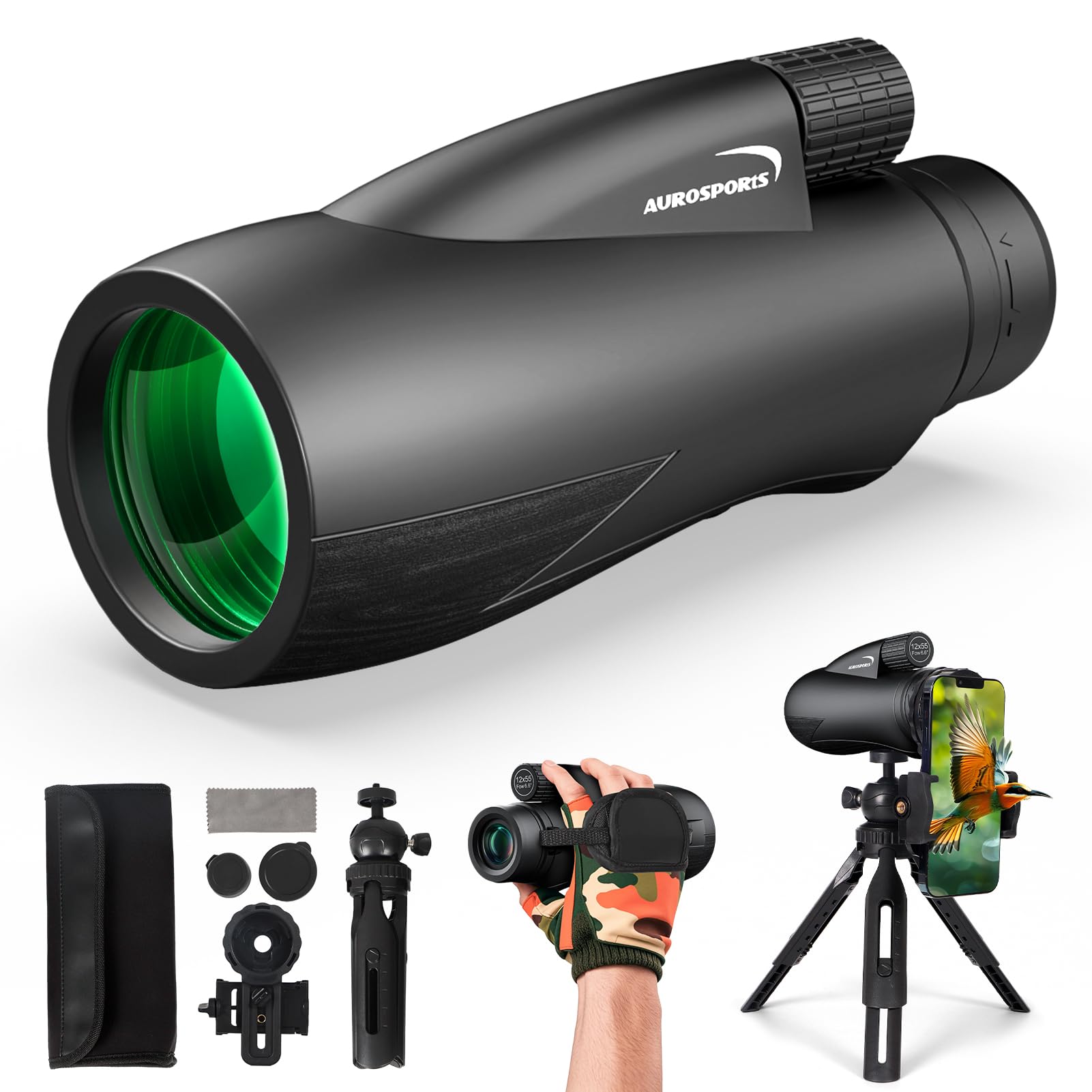 Aurosports 12X55 Monocular For Adults High Power - Compact Portable Monoculars For Bird Watching - Hd Monoculars With Smartphone Adapter Tripod Camera For Hunting Hiking Camping Wildlife