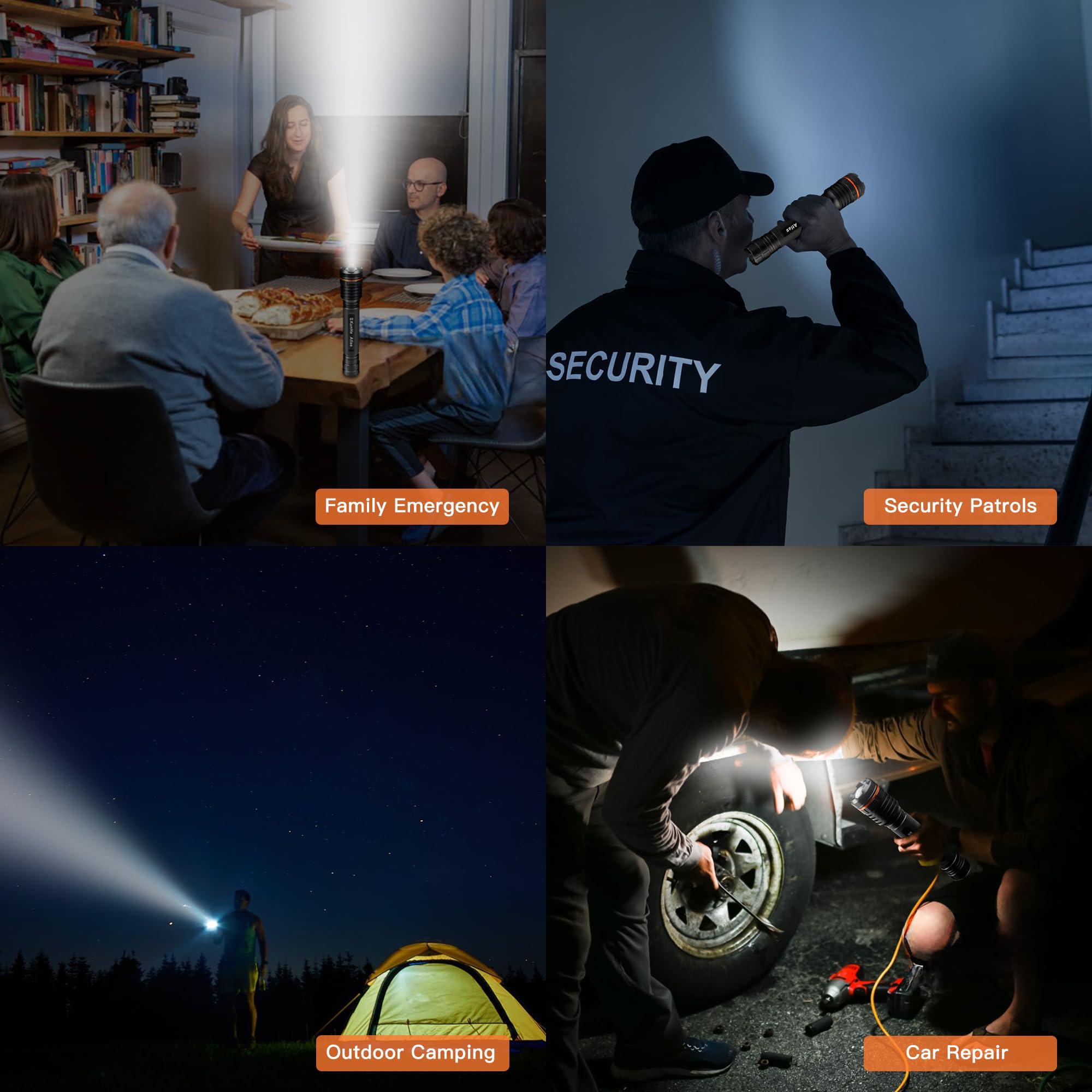 Kunhe Heavy Duty 3D Cell Led Flashlights Large Aluminum Zoomable High Lumens-1200 Lm Battery Powered Single Mode Flash Light- Big Security Flashlight For Home Emergency Power Outages Camping Car