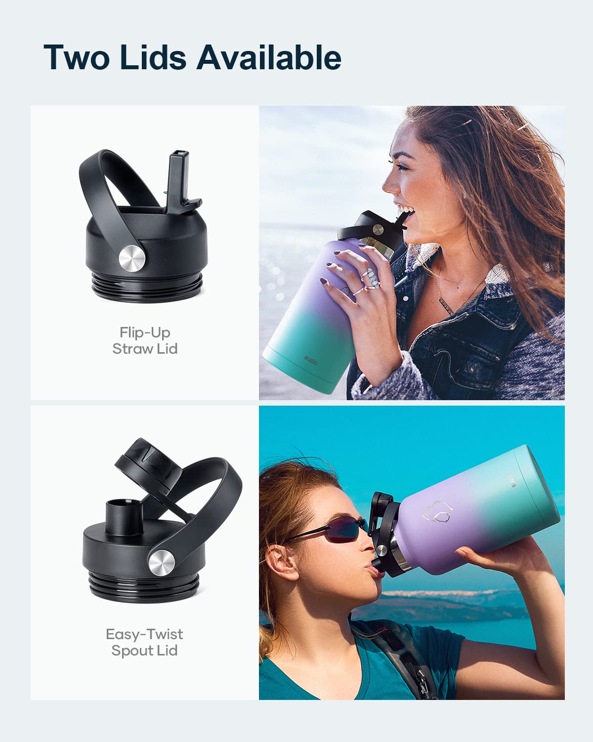 64Oz Insulated Water Bottle With Straw Spout Lid, Buzio Half Gallon Stainless Steel Water Bottles