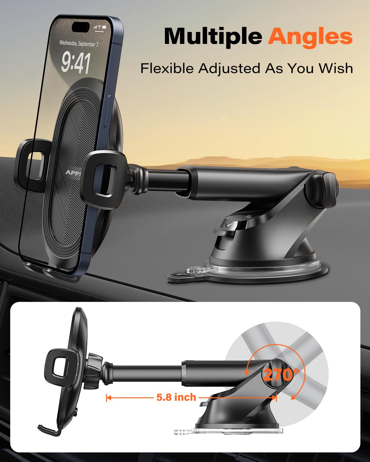 Apps2Car Suction Cup Phone Mount, Universal Phone Holders For Your Car Windshield/Dashboard/Window, Cell Phone Holder Car With Sticky Gel Pad, Compatible With Iphone, Samsung, All Cellphone