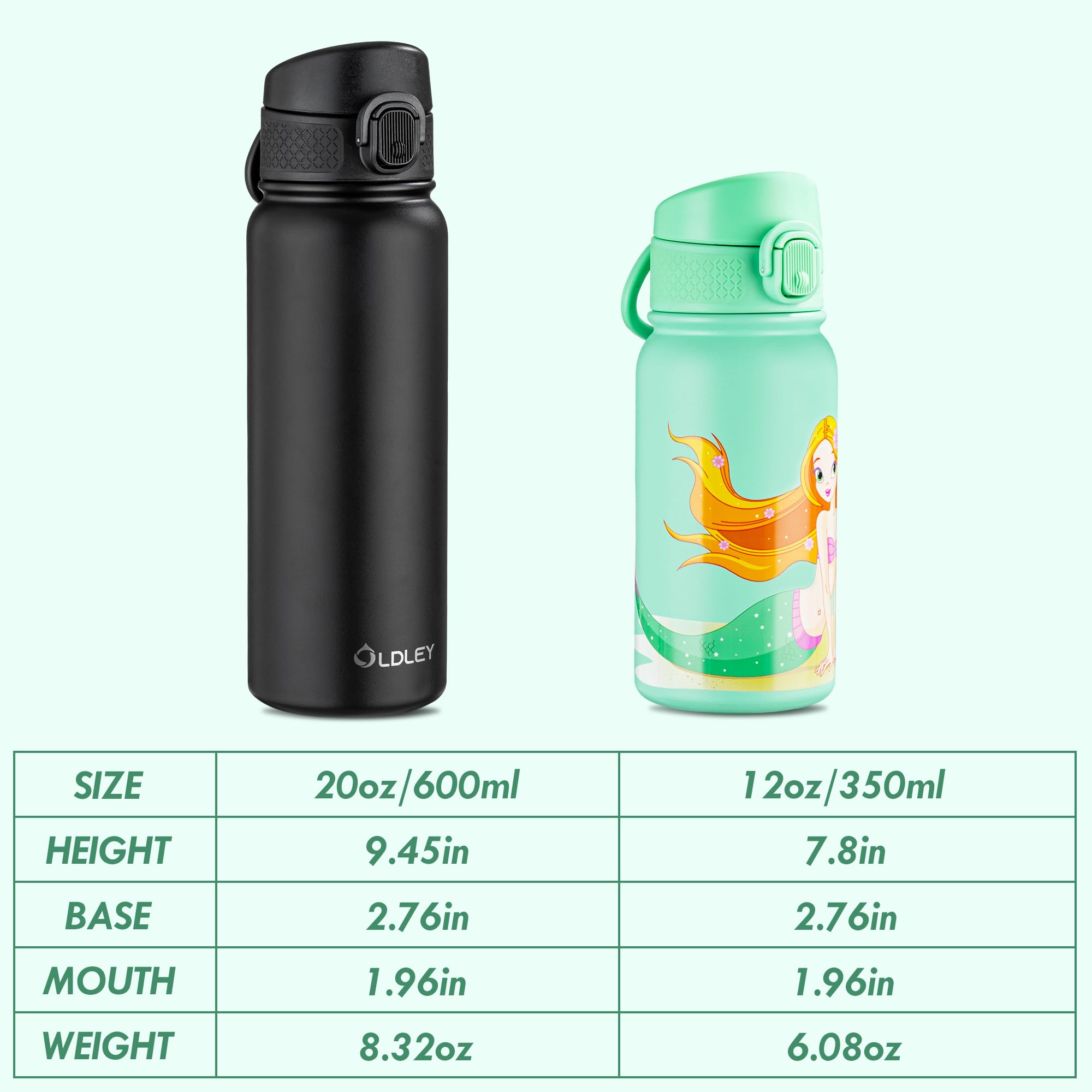 Oldley 12Oz Water Bottle, Stainless Steel Insulated Water Bottle For Kids, With Straws Leak-Proof