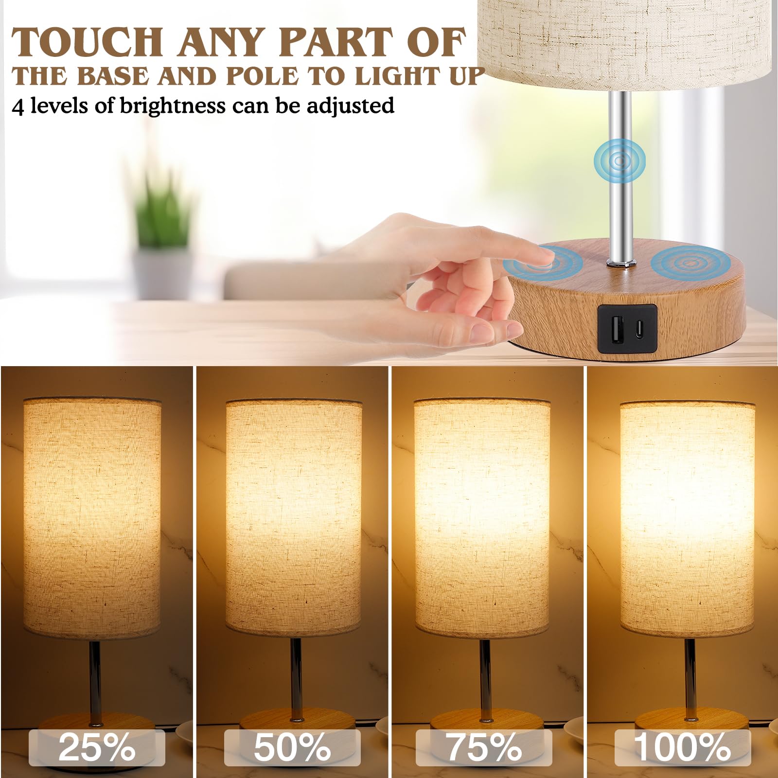 Unifun Bedside Table Lamp For Bedroom - 4 Way Dimmable Touch With Usb And Type-C Charge Port, Small Wood Base Round Flaxen Fabric Shade For Living Room (Yellow Color Base)