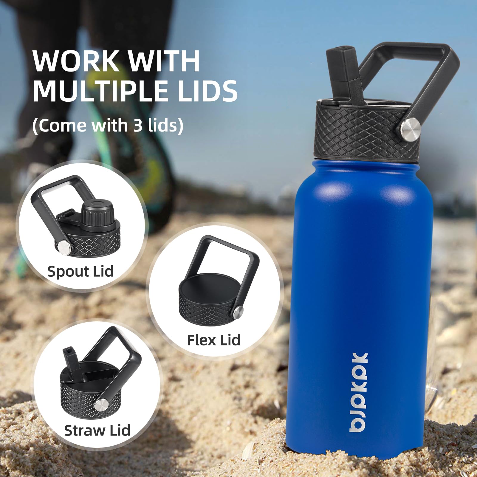 Bjpkpk Insulated Water Bottles With Straw Lid, 40Oz Stainless Steel Water Bottles With 3 Lids