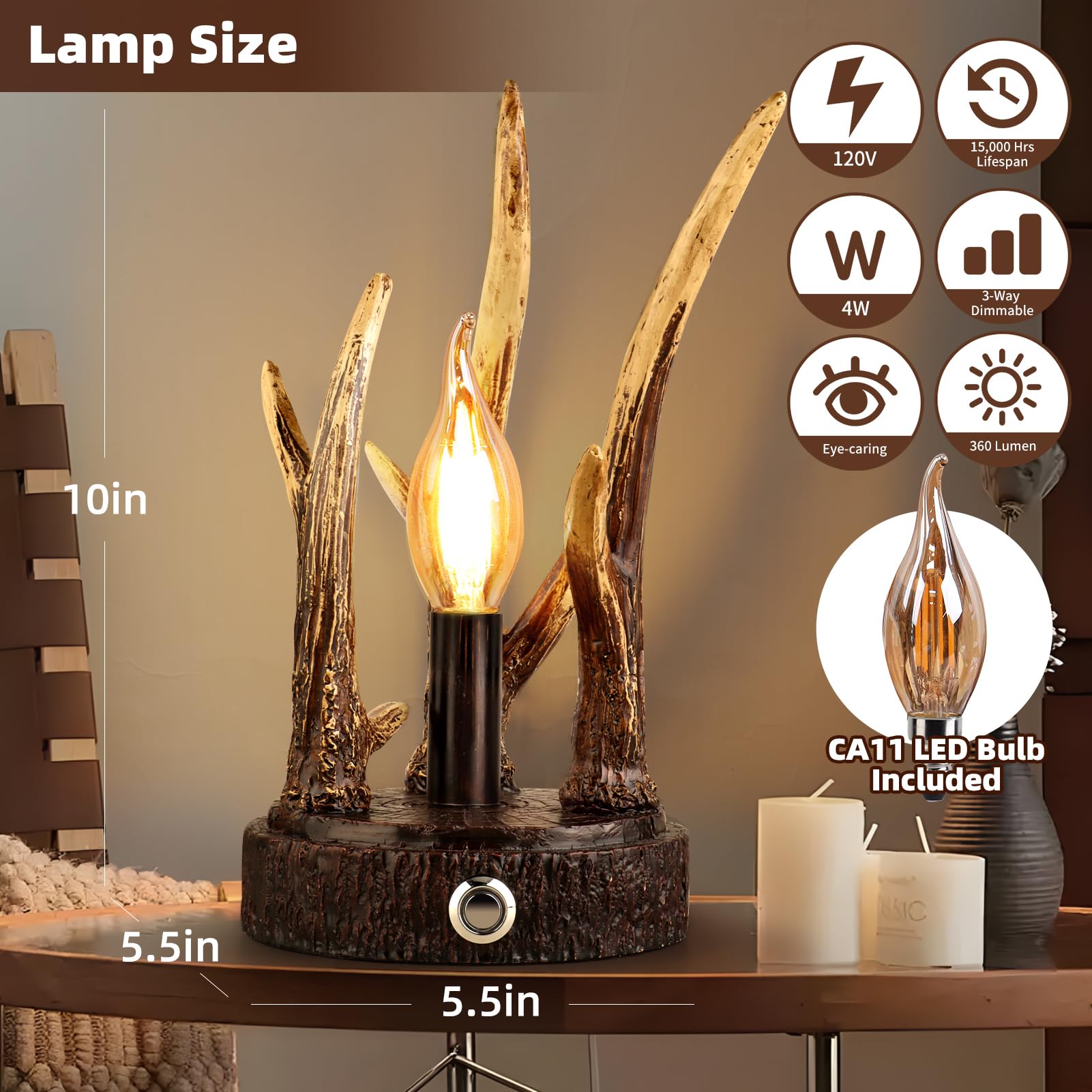 Lovlast Rustic Antler Table Lamp, 3-Way Dimmable Touch Lamp By - Farmhouse Cabin And Living Room Light, Perfect For Small Spaces And Christmas Decor