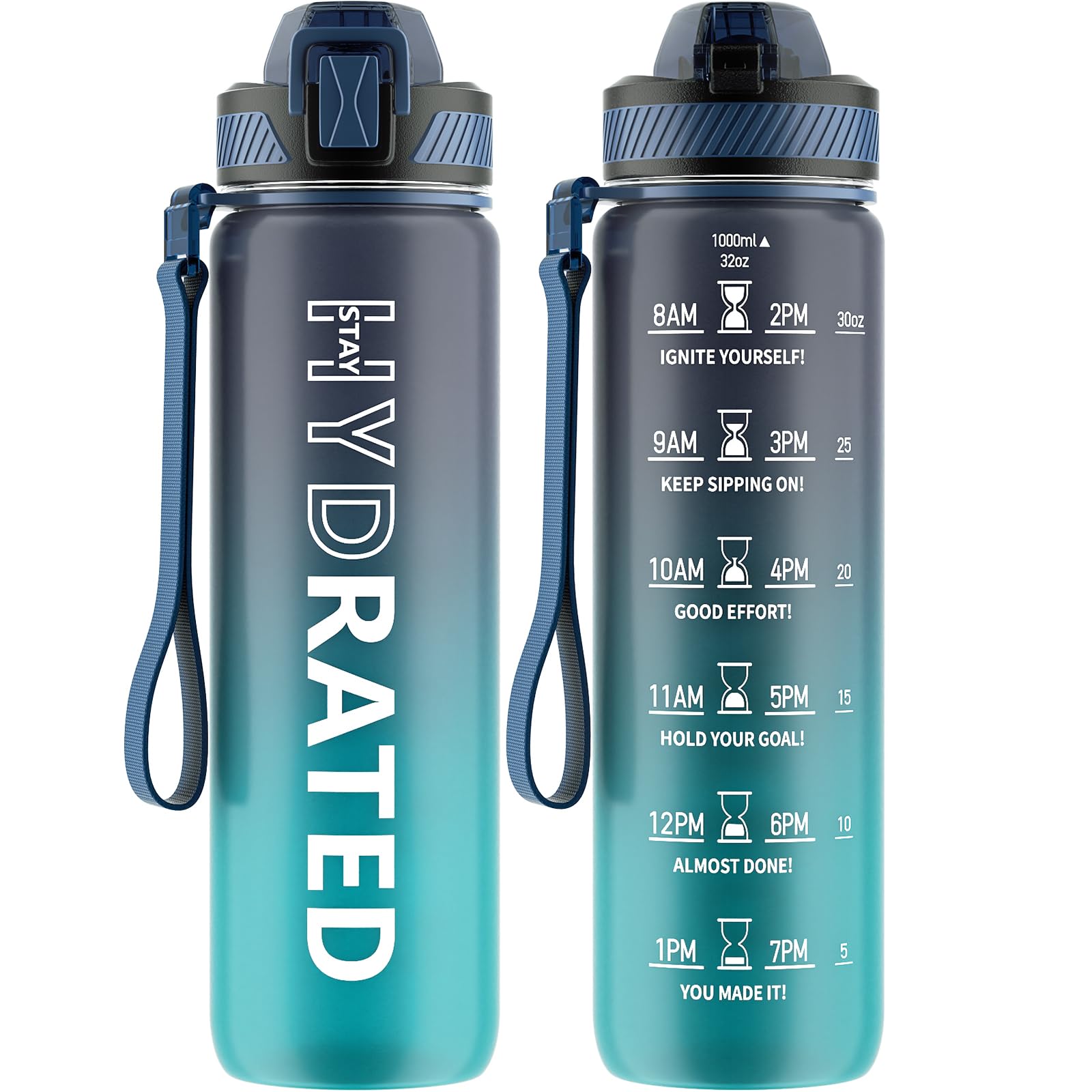 Water Bottle With Straw, 32Oz Motivational Water Bottles With Time Marker To Drink, Tritan