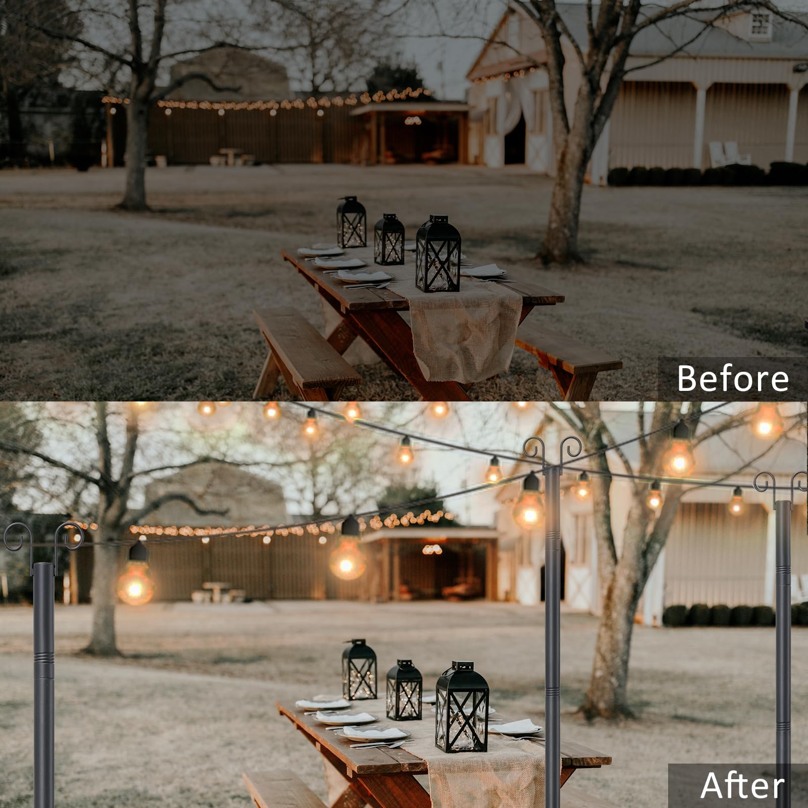 Oliynedy String Light Poles For Outside Deck, Heavy Duty Metal Garden Outdoor Light Poles For Solar String Light Bulbs Hanging Kit, 8Ft Patio Light Poles With Pole Base For Yard Fence Party Backyard Decor