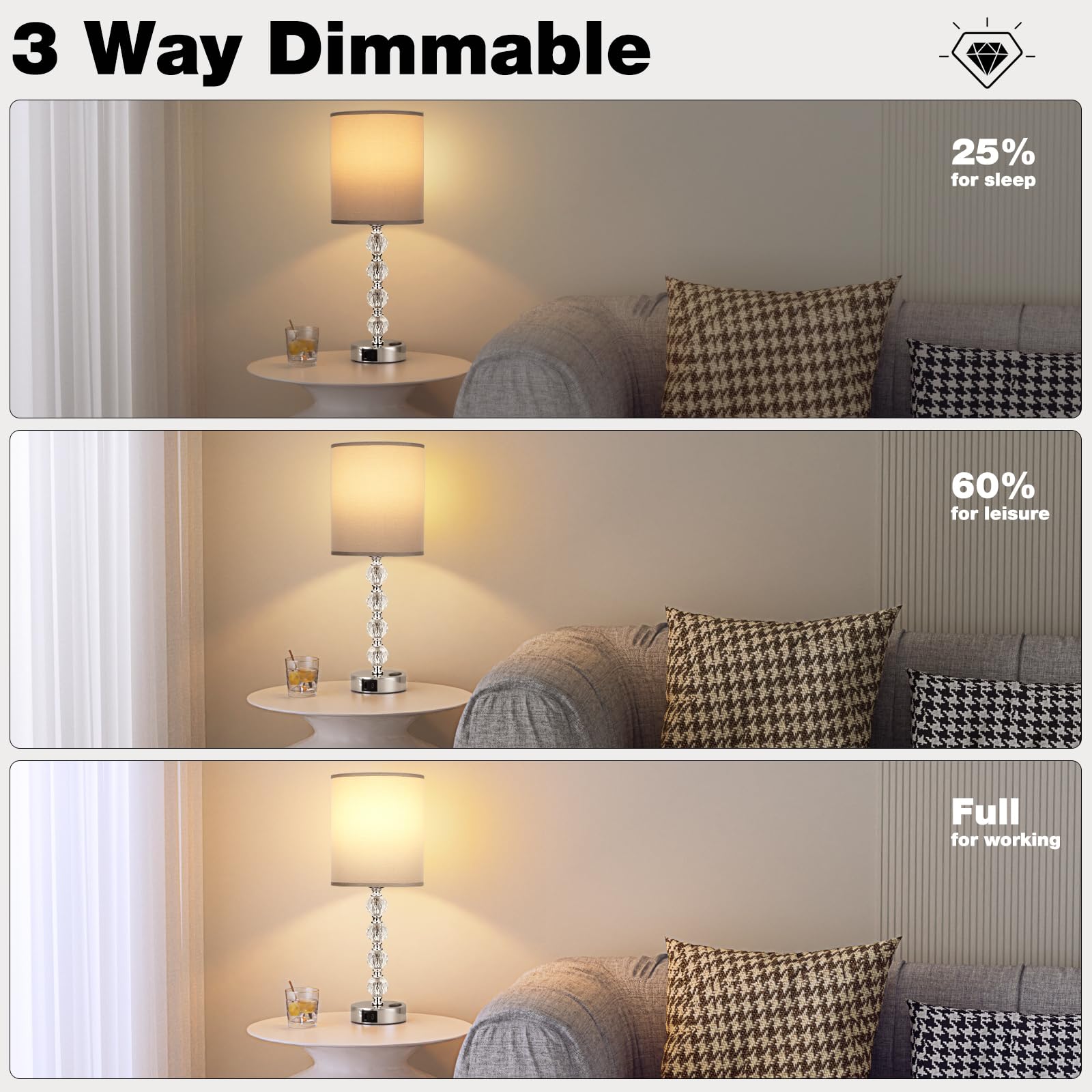 Acaxin Touch Bedside Crystal Lamps For Bedrooms Nightstand With Usb C+A Charging Port And Ac Outlet White, 3 Way Dimmable Silver Large End Side Table Lamp For Living/Dinning Room/Kitchen/Bedroom