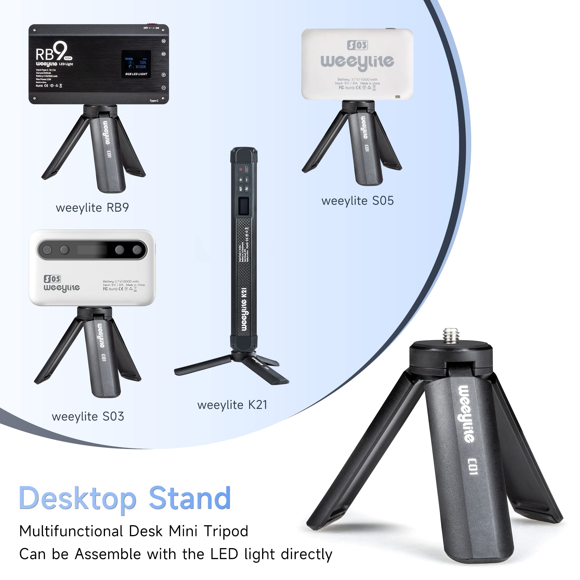 Weeylite 1/4 Mini Tripod, Tabletop Desktop Stand Compact Tripod With 1/4" Screw For K21 Stick Light, S03/S05 Pocket Photo Light, Camera, Smooth 4, Osmo Mobile, Vimble 2, Gimbal Handle Grip Stabilizer