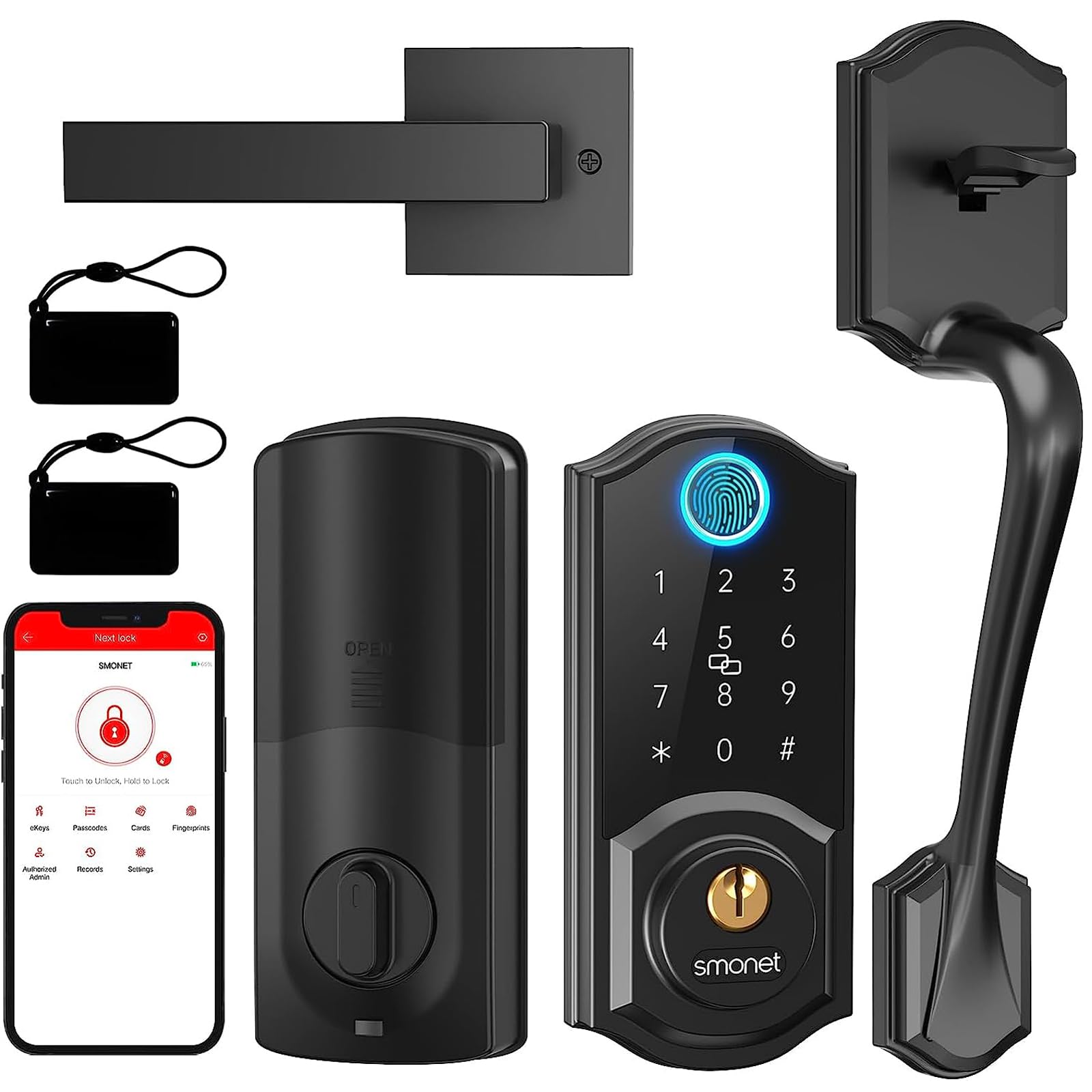 Smonet Smart Lock Front Door, Keyless Entry Door Lock With Handle, Smart Front Door Lock Set Fingerprint Smart Deadbolt Bluetooth Electronic Digital Keypad Lock, Auto Lock Work With Alexa, Black