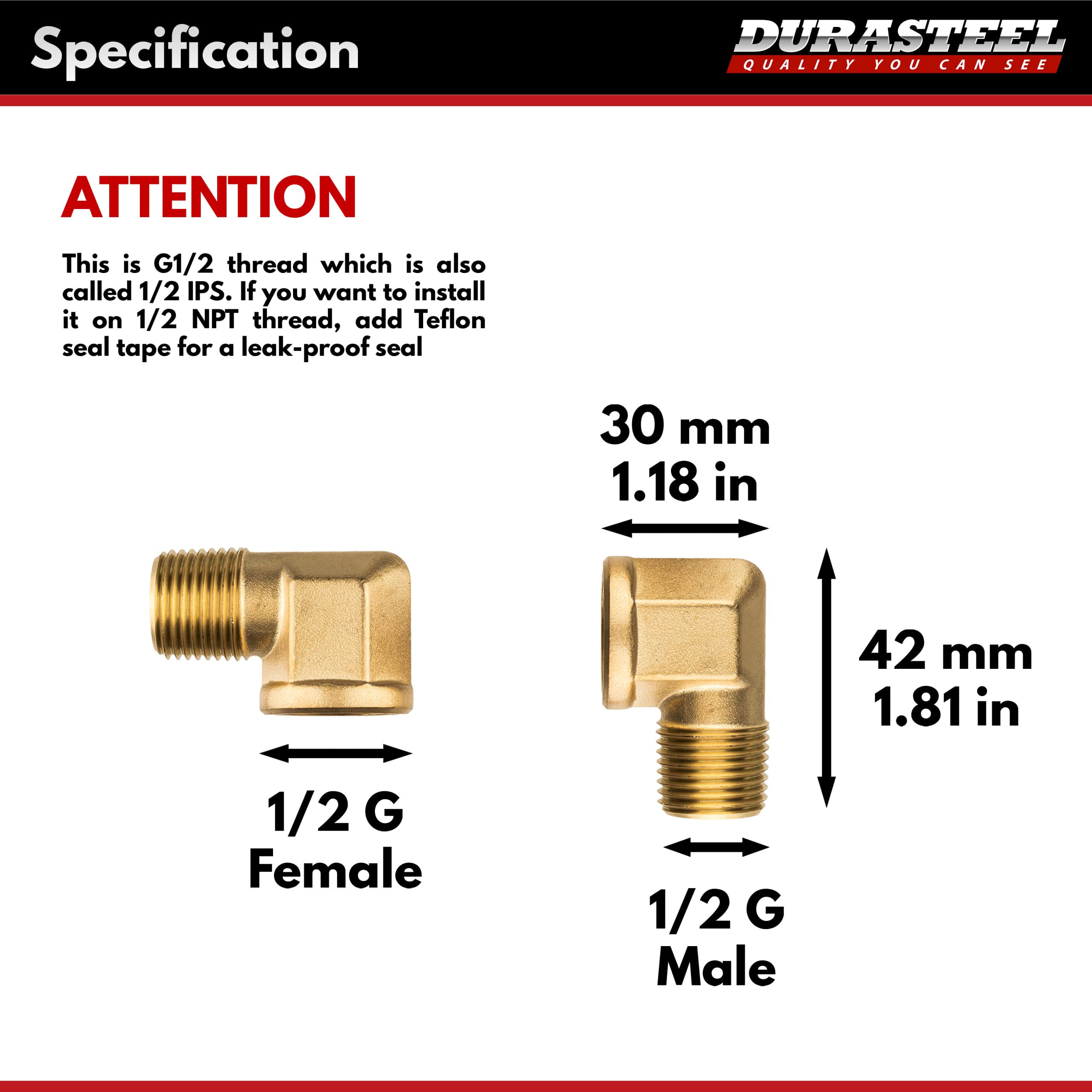 Durasteel Wall Mount Faucet 90-Degree Elbow - Commercial Kitchen No Lead Faucet Space Saving Backsplash Kit - 1/2" Ips Female X 1/2" Ips Male Brass Fitting, Pack Of 2