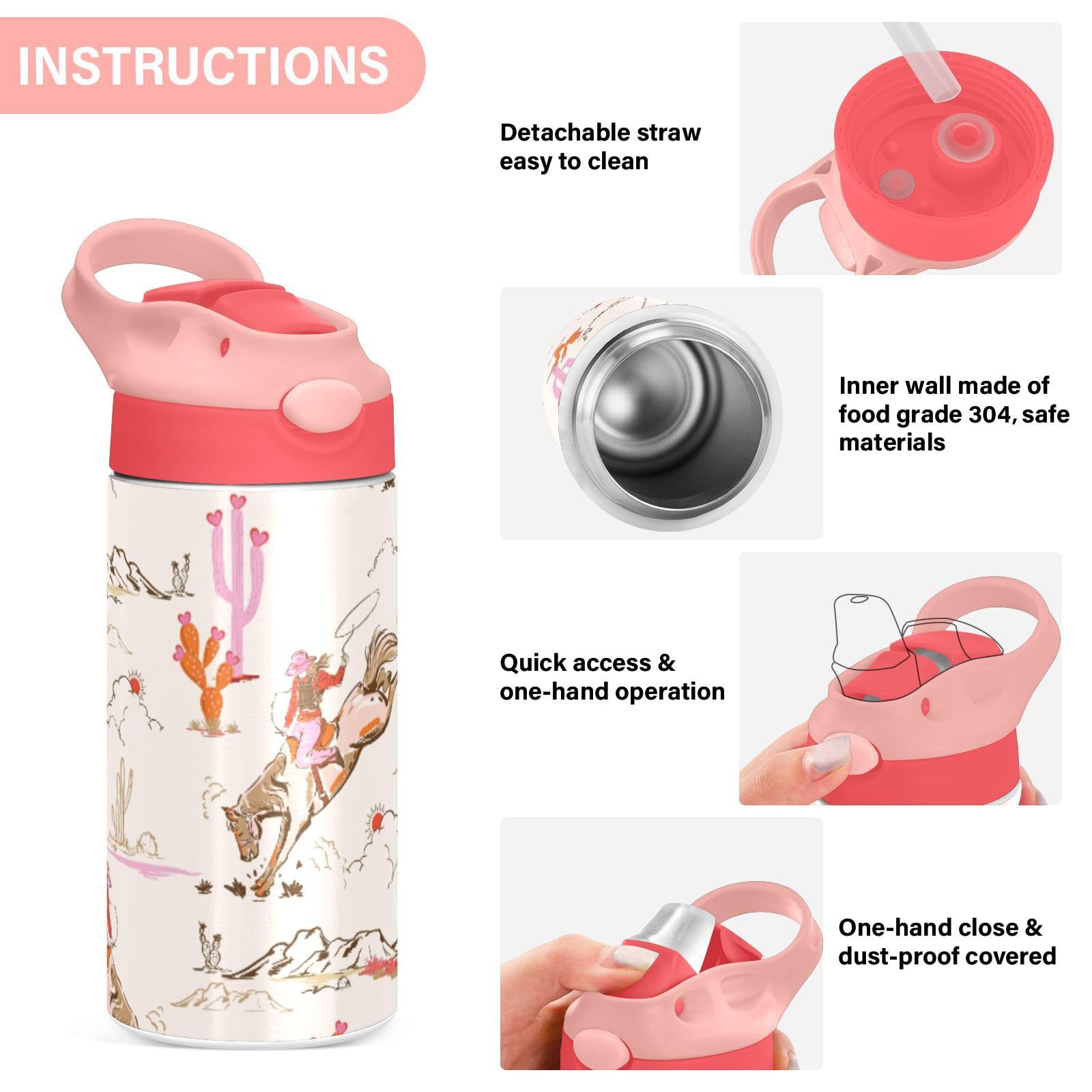 Cute Rodeo Cowgirl Kids Water Bottle, Insulated Stainless Steel Water Bottles With Straw Lid, 12 Oz