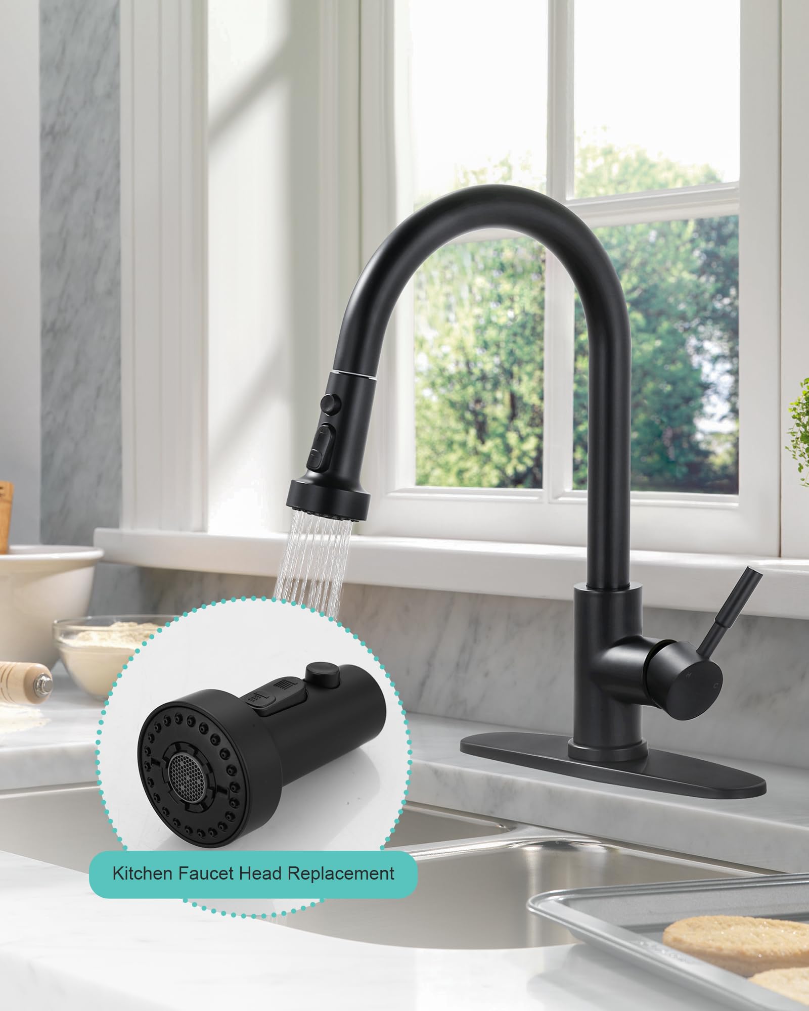 Arcora Pull Down Faucet Head Replacement: 3-Function Kitchen Faucet Sprayer Head Replacement With 9 Adapters - Matte Black Sink Faucet Head Compatible With Moen, Delta, American Standard Faucets