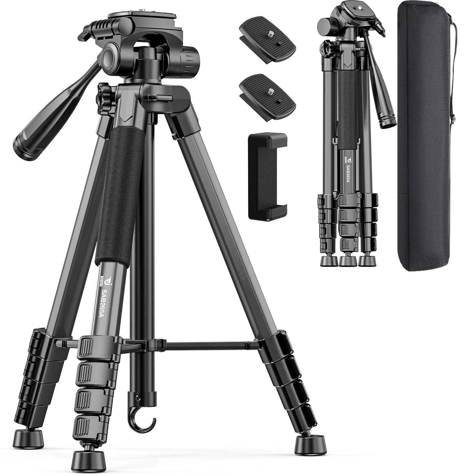 Jobfri 73" Camera Tripod Stand, Compatible With Gopro/Dslr/Cell Phone/Camcorder, With Phone Holder, Travel Bag,Max Load 8.8Lb (Matte Black)
