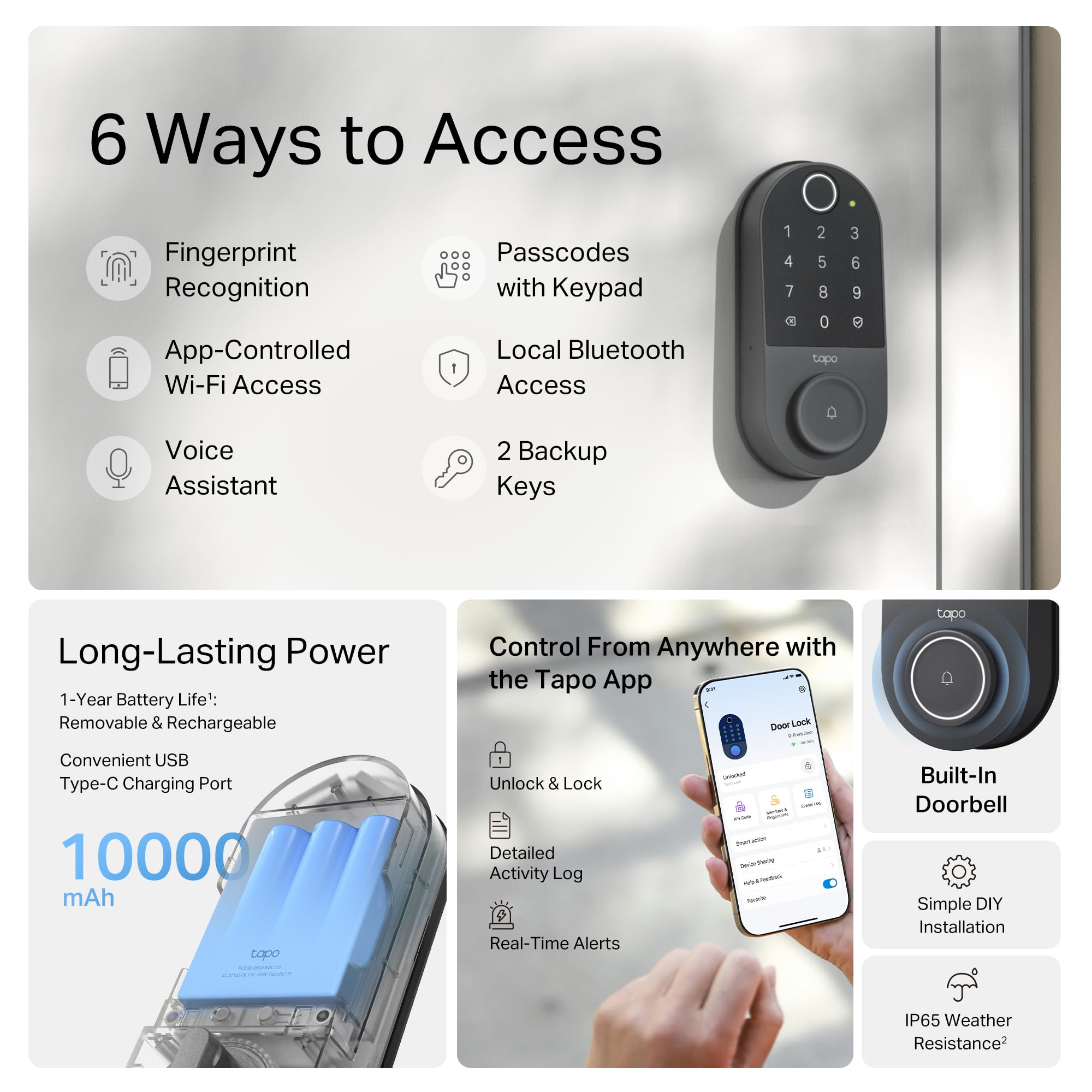 Tapo Tp-Link Smart Door Lock, Deadbolt Keyless Entry, Fingerprint Recognition, Touchscreen Keypad & In-App Monitoring With Scheduled Access 1-Year Rechargeable Battery Bhma Grade 2 Dl110