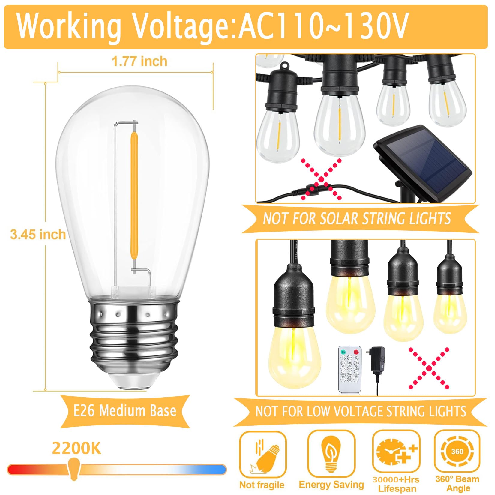 Skeerei 15Pack S14 Led String Light Bulbs, Replacement Bulbs For Outdoor String Lights, Shatterproof Edison Bulbs 1W 80Lmequivalent To 11W Incandescent, E26 Base,2200K Warm White