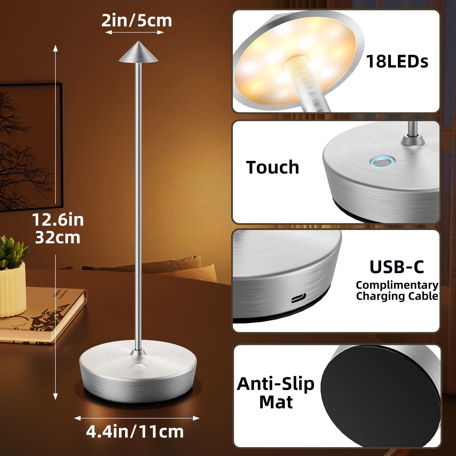 Yht Cordless Rechargeable Table Lamp, 6000Mah Outdoor Waterproof Battery Operated Table Light Led Touch Dimmable Desk Lamps For Patio Dining Restaurant Home Living Room Set Of 2 Silver