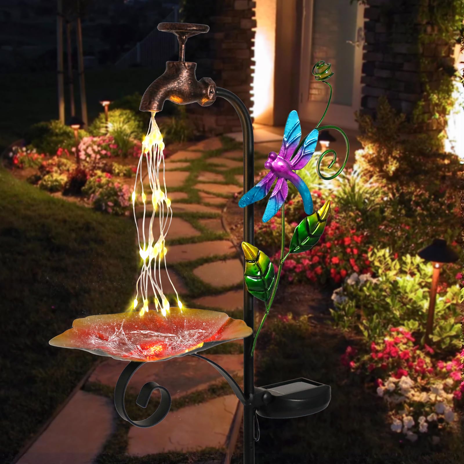 Afirst Solar Outdoor Lights Decorative Solar Dragonfly Lights With Bird Feeder Faucet Shaped Lighted Solar Garden Stake Decorations For Pathway Lawn Patio Courtyard Backyard