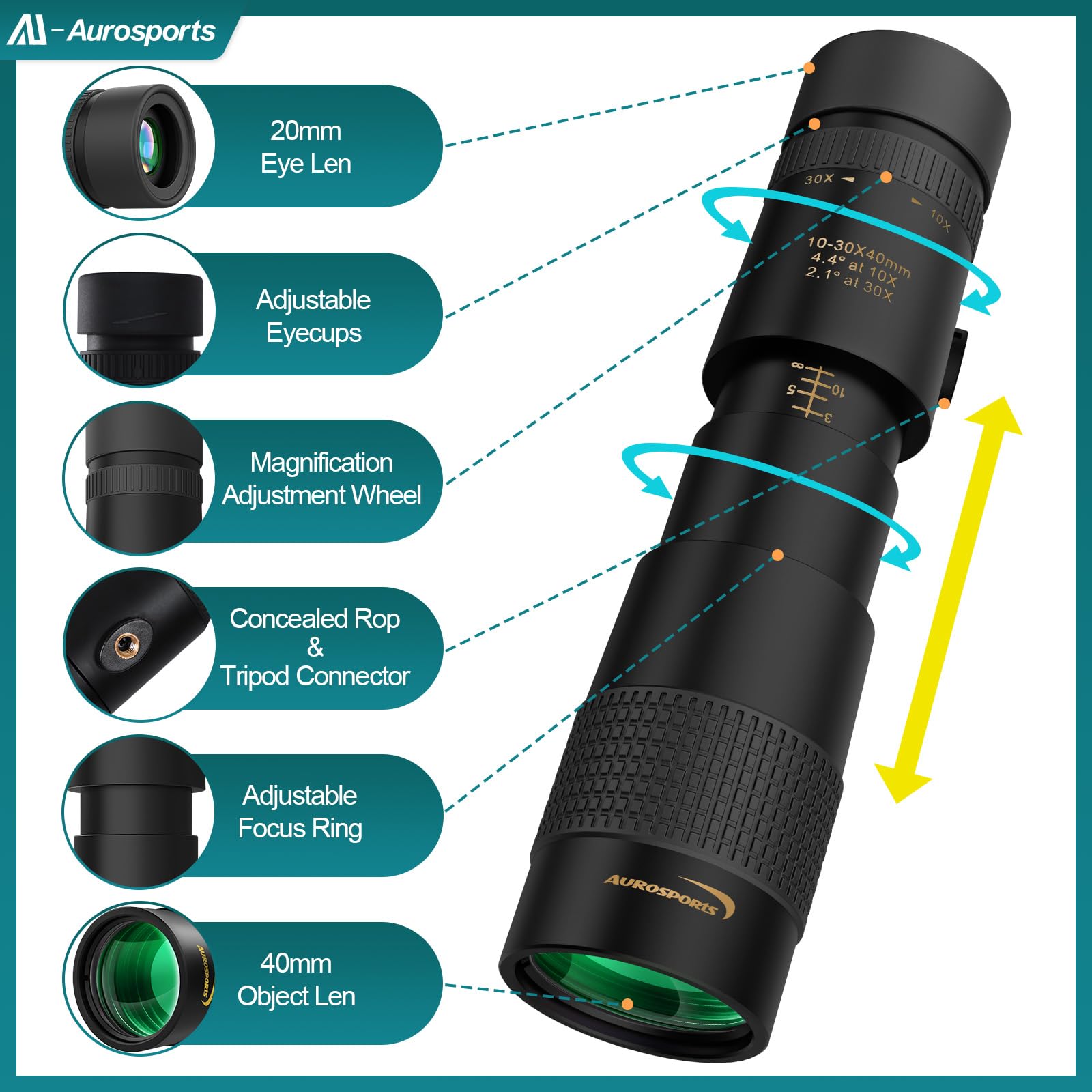 Aurosports 10-30X40 Zoom Monocular For Adults, Monocular Telescope High Power With Bak4 Prism, Compact Monoculars For Bird Watching Traveling Hunting Camping
