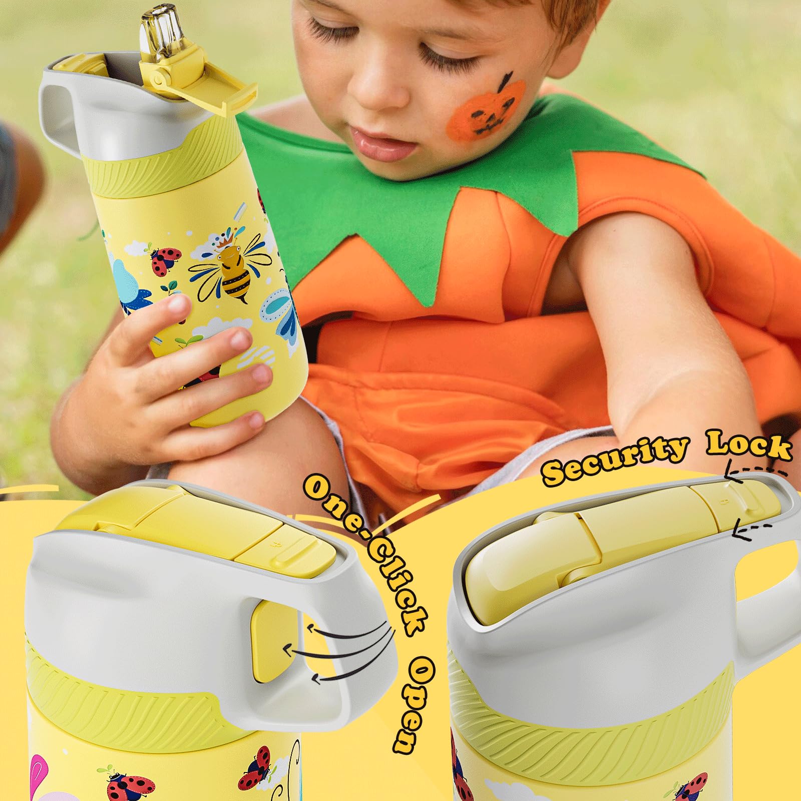 Kids Water Bottle For School, One-Click Open Stainless Steel Insulated Water Bottle With Straw Lid
