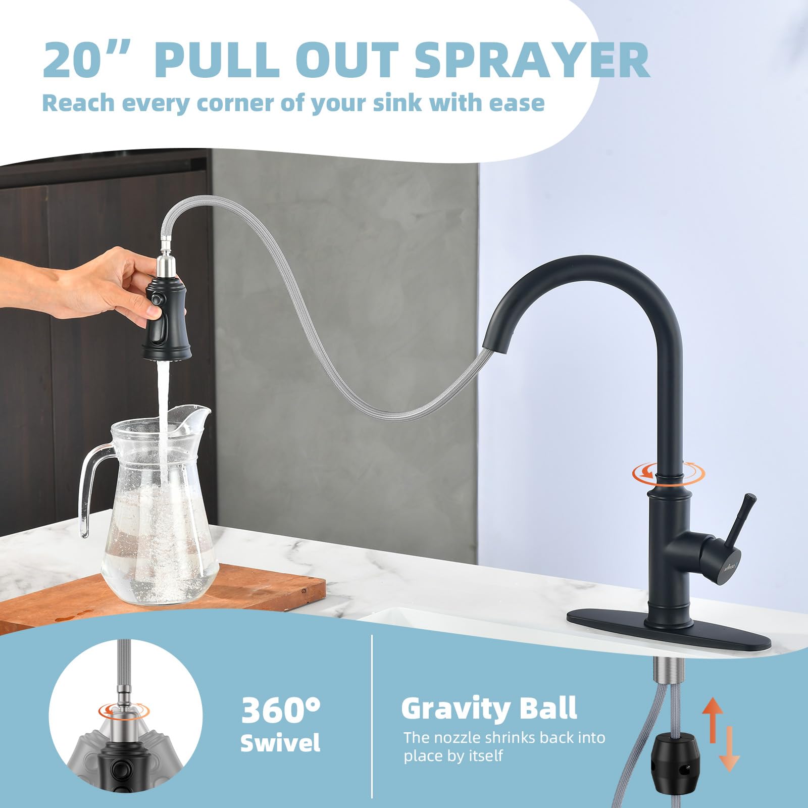 Appaso Black Kitchen Faucets, Kitchen Faucet With Pull Down Sprayer, Stainless Steel, Sink Faucet, Single Handle, High Arc,Pull Down Kitchen Faucet, Matte Black Faucet For Kitchen, Rv, Bar