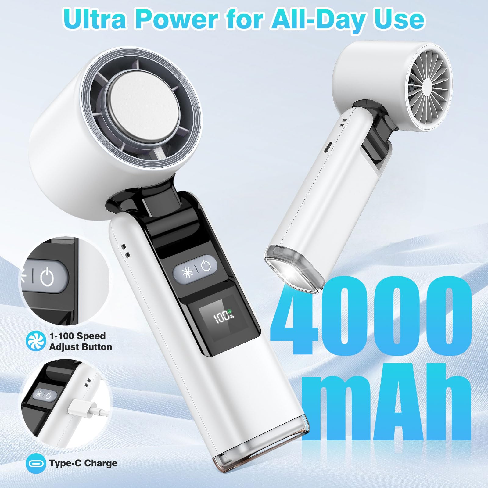 Portable Handheld Fan, 4000Mah Powerful Mini Fan With Light, 13H Max Ice Cooling Time Stepless Speed