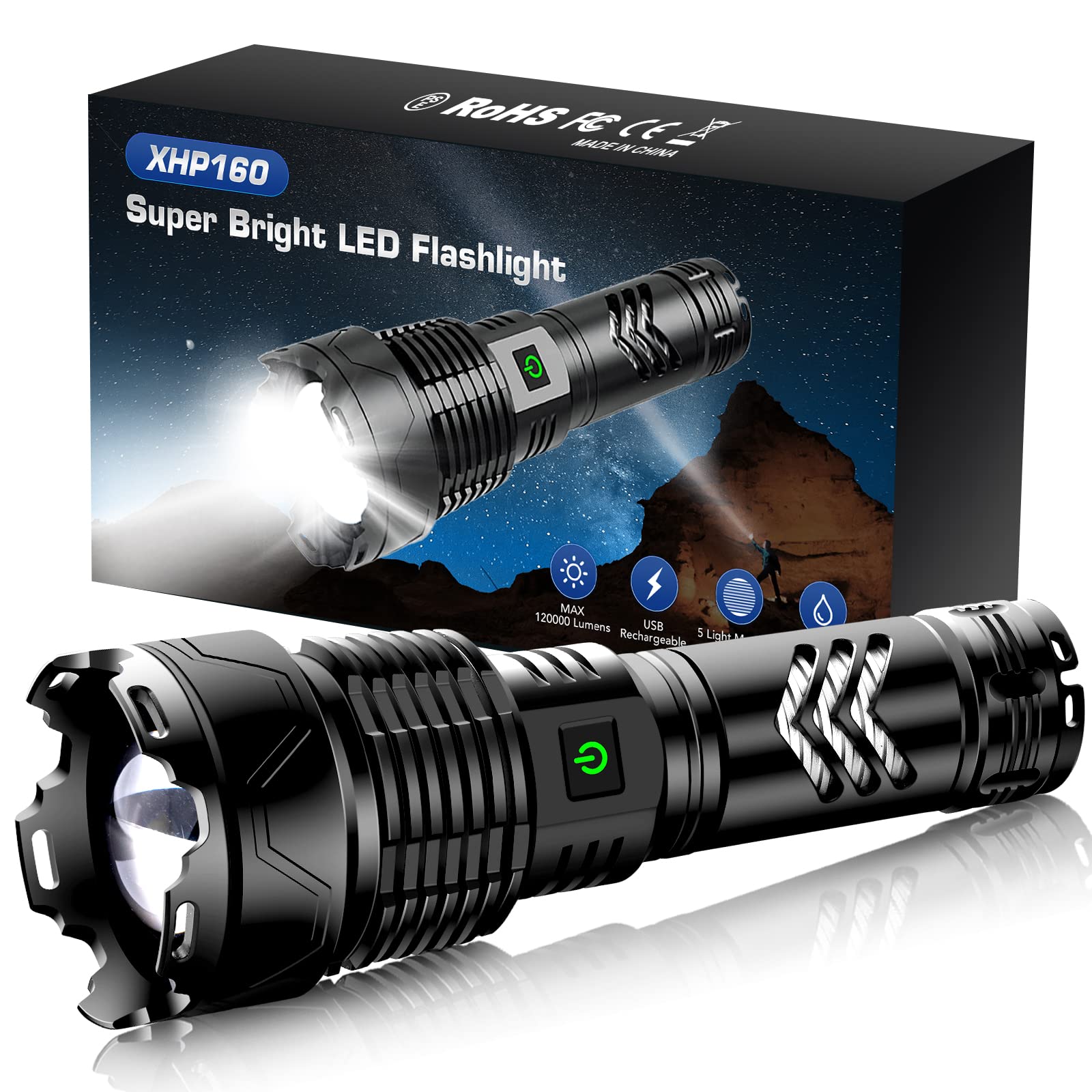 Brovave Rechargeable Led Flashlights,120000 High Lumens Super Bright Flashlight,Xhp160.2 Tactical Flashlight With Zoomable&5 Modes&Ipx65 Waterproof,Powerful Handheld Flashlight For Camping,Hiking,Emergencies