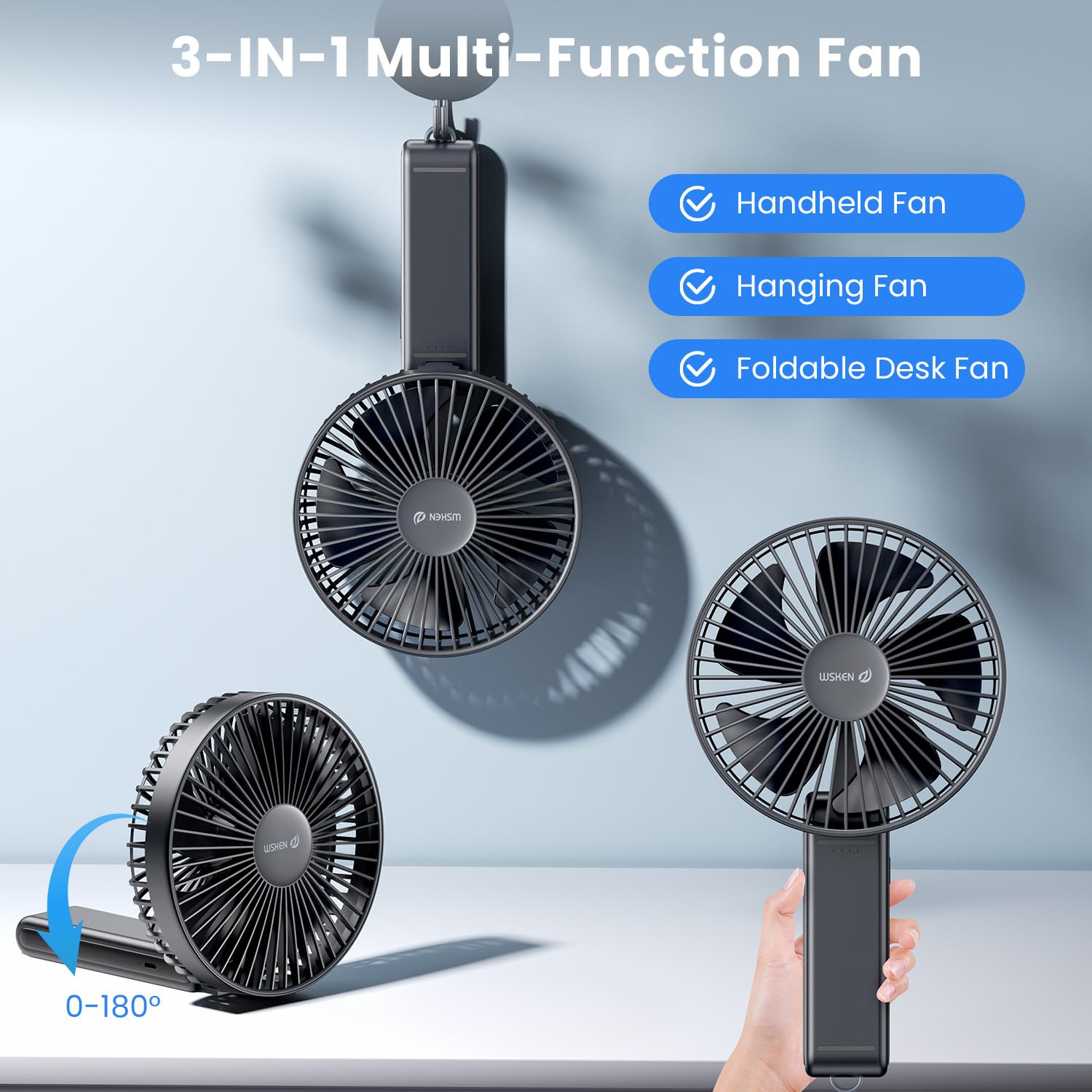 Battery operated handheld fan by Wsken with 180° foldable design perfect for travel