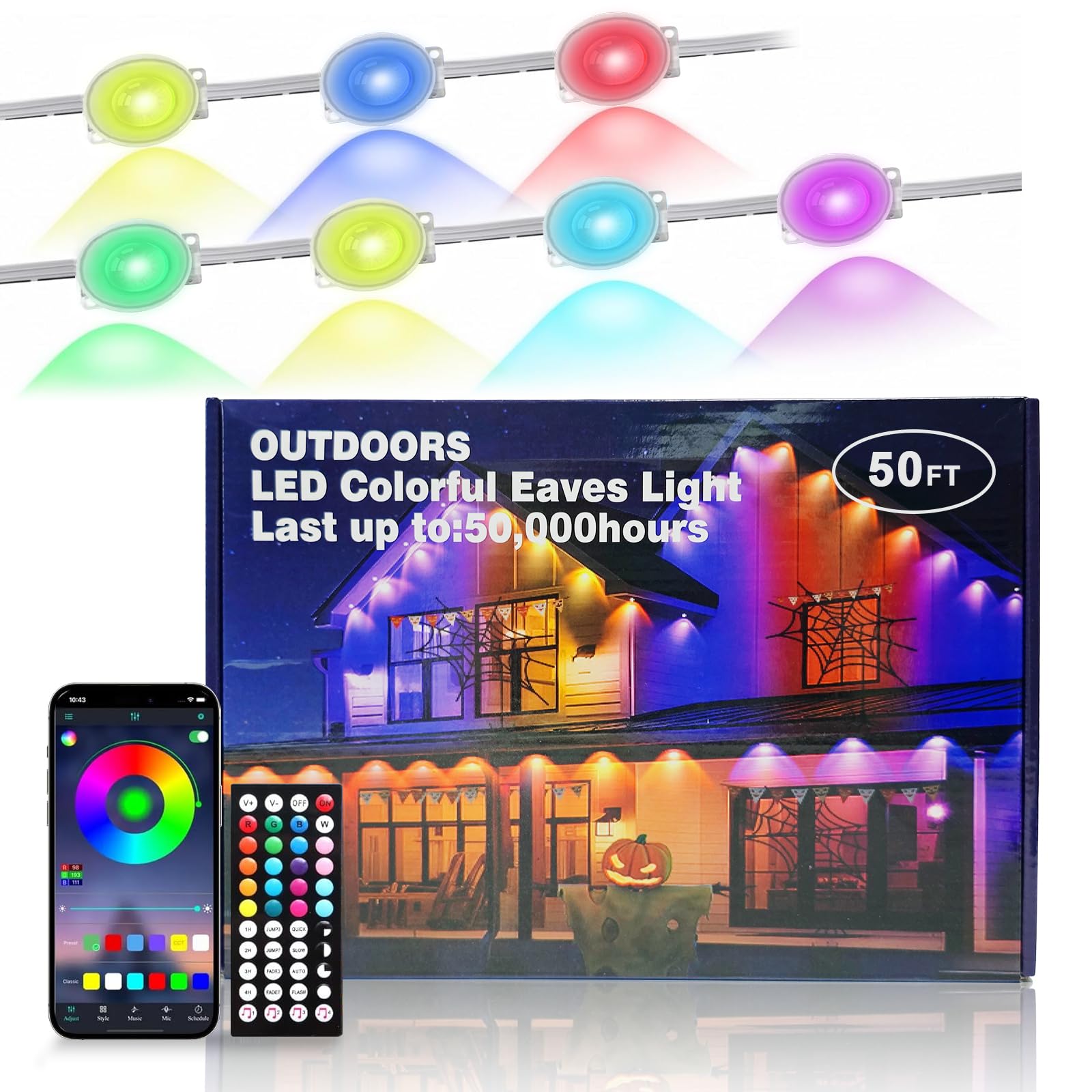 Jzvgen Permanent Outdoor Light For House,50Ft Rgb Outdoor Light With 30 Led Lights,Ip67 Waterproof,With App/Remote Control For All Holiday Decor Decorations Lights
