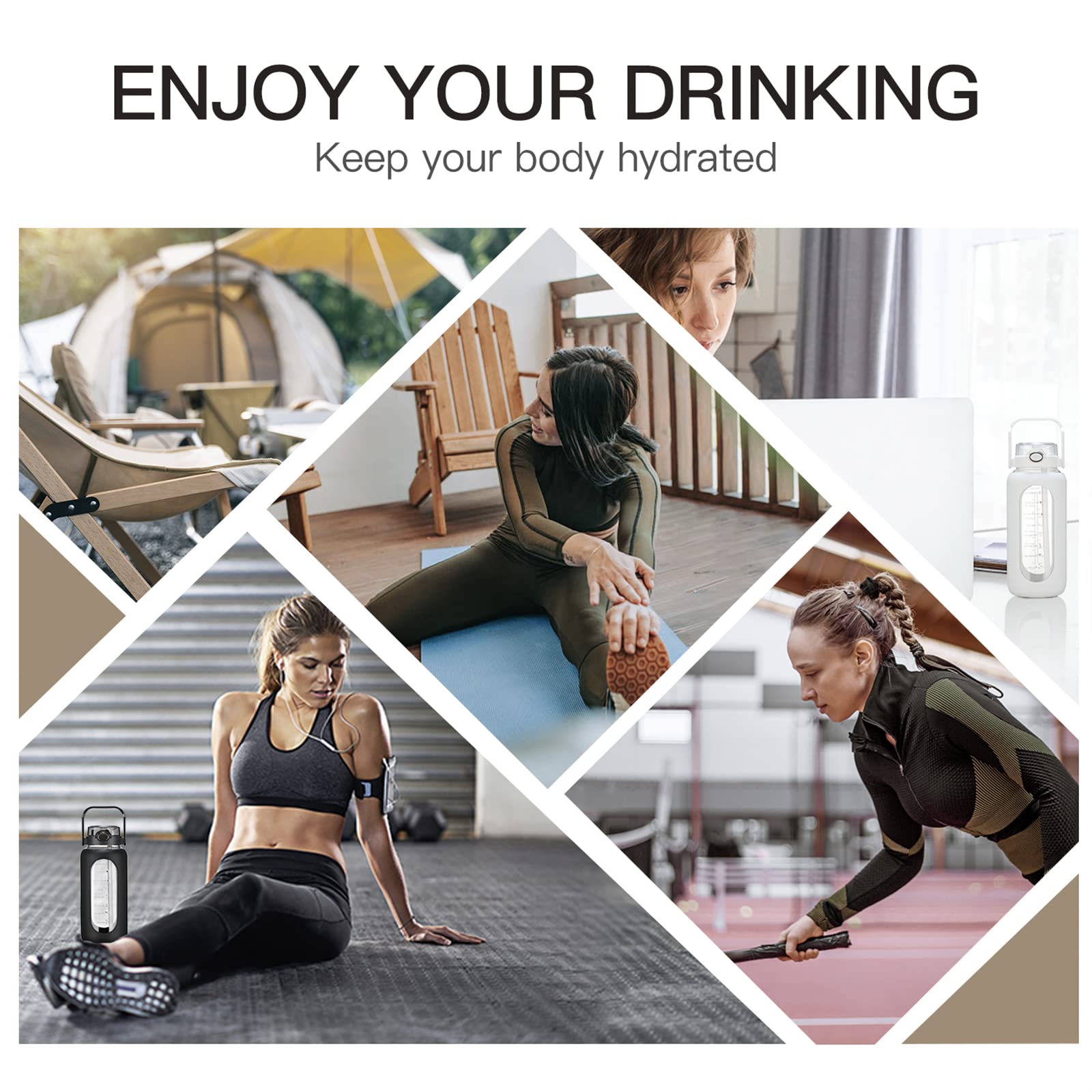 64Oz Glass Water Bolttles With Straw Half Gallon Large Motivational Water Bottle With Time Marker