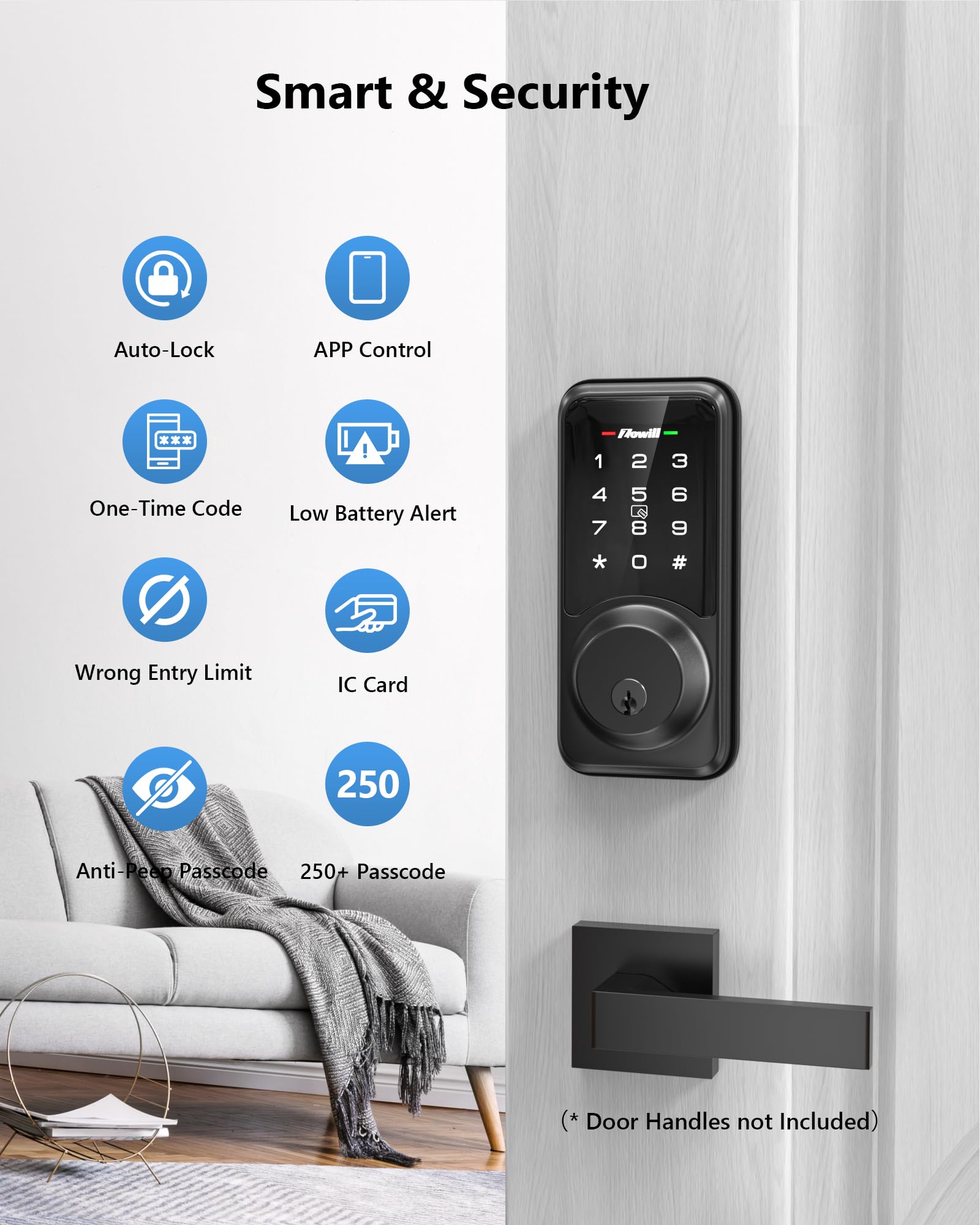 Zowill Smart Lock - Keyless Entry Door Lock With App Control, Touchscreen Keypad Electronic Digital Lock, Auto-Lock, Easy Installation, Smart Door Locks For Front Door